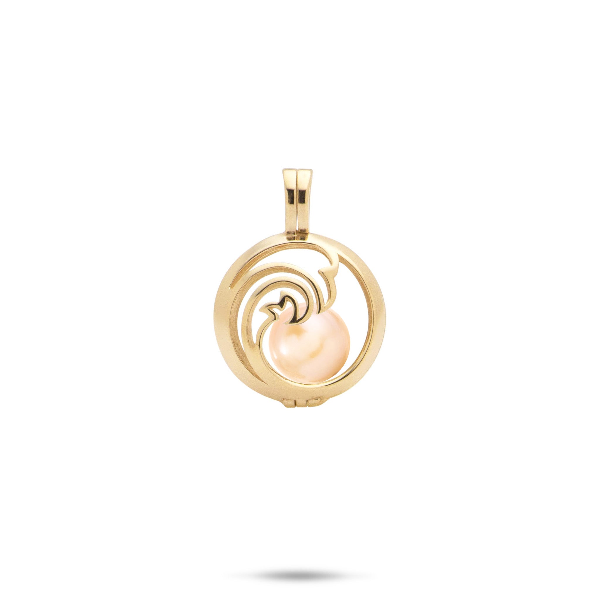 Pick A Pearl Nalu Cage Pendant in Gold with a Peach Freshwater Pearl on a white background