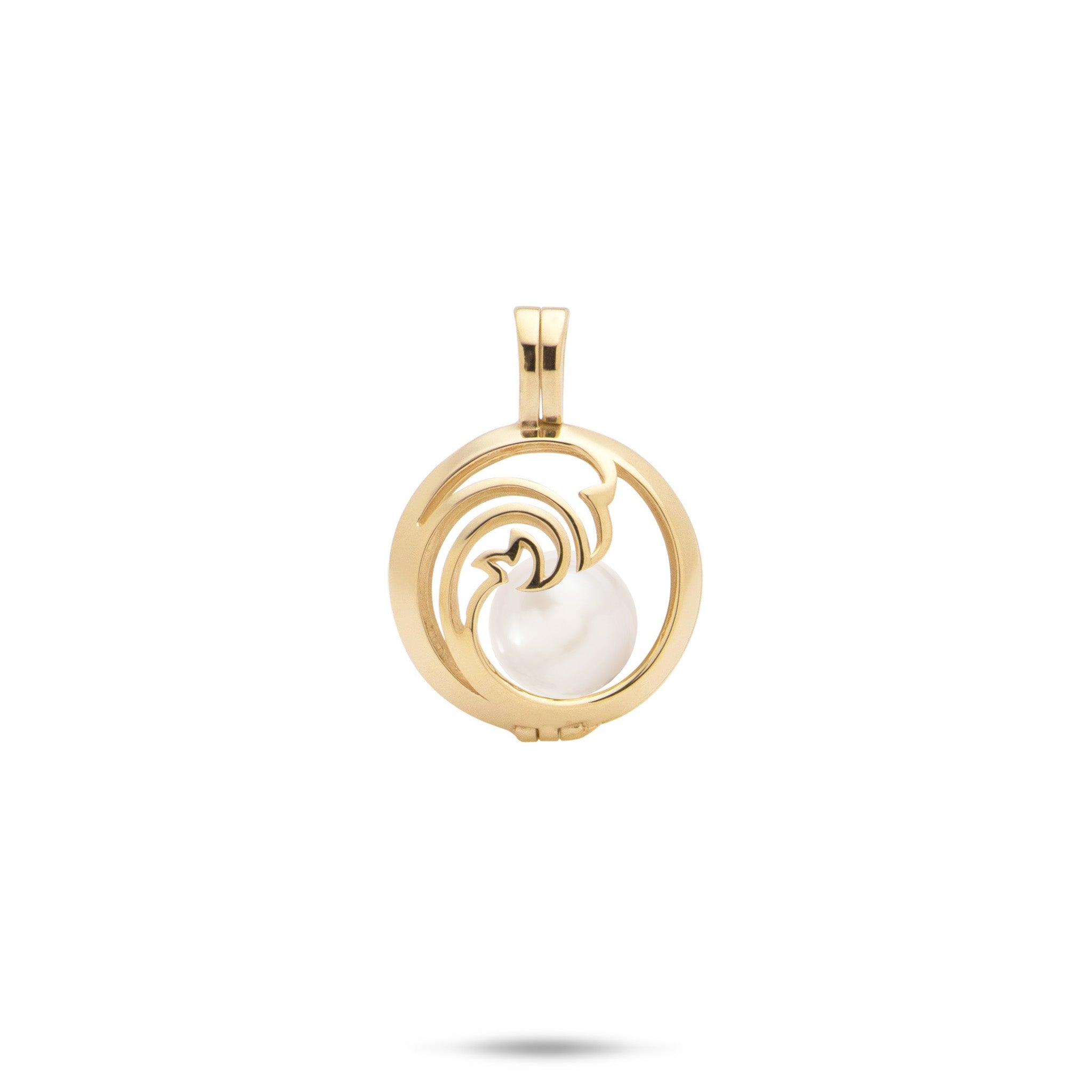 Pick A Pearl Nalu Cage Pendant in Gold with a Pink Freshwater Pearl on a white background