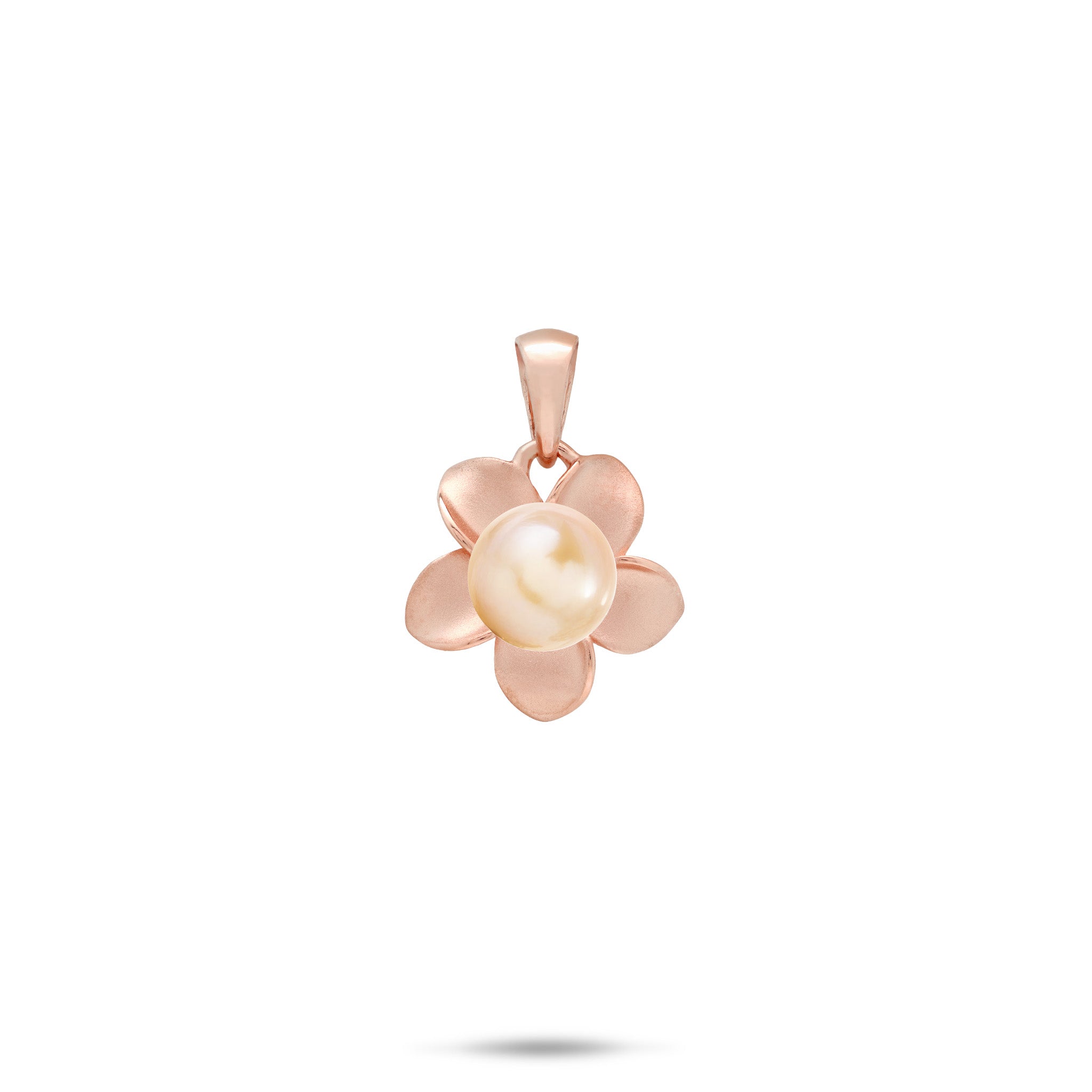 A 13mm 14k rose gold plumeria flower-shaped pendant featuring a central peach freshwater pearl, shown against a plain white background with a soft shadow underneath.