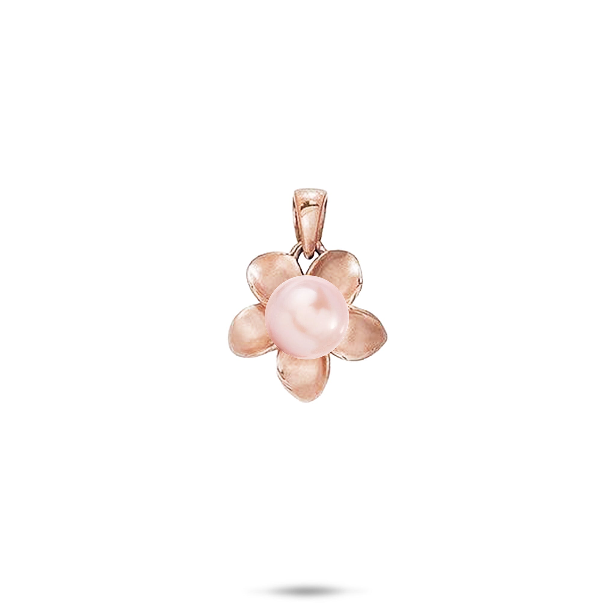 13mm Pick A Pearl Plumeria Pendant in Rose Gold with a Pink Pearl on a white background