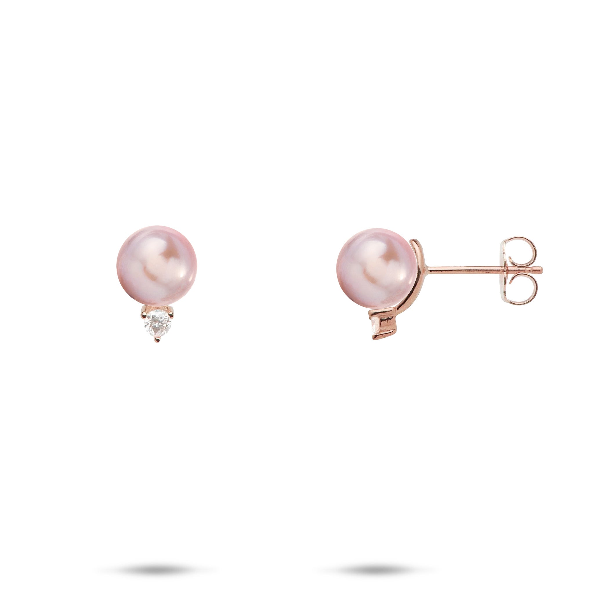 Pick A Pearl Earrings in Rose Gold with Diamonds and Lavender Pearls on a white background