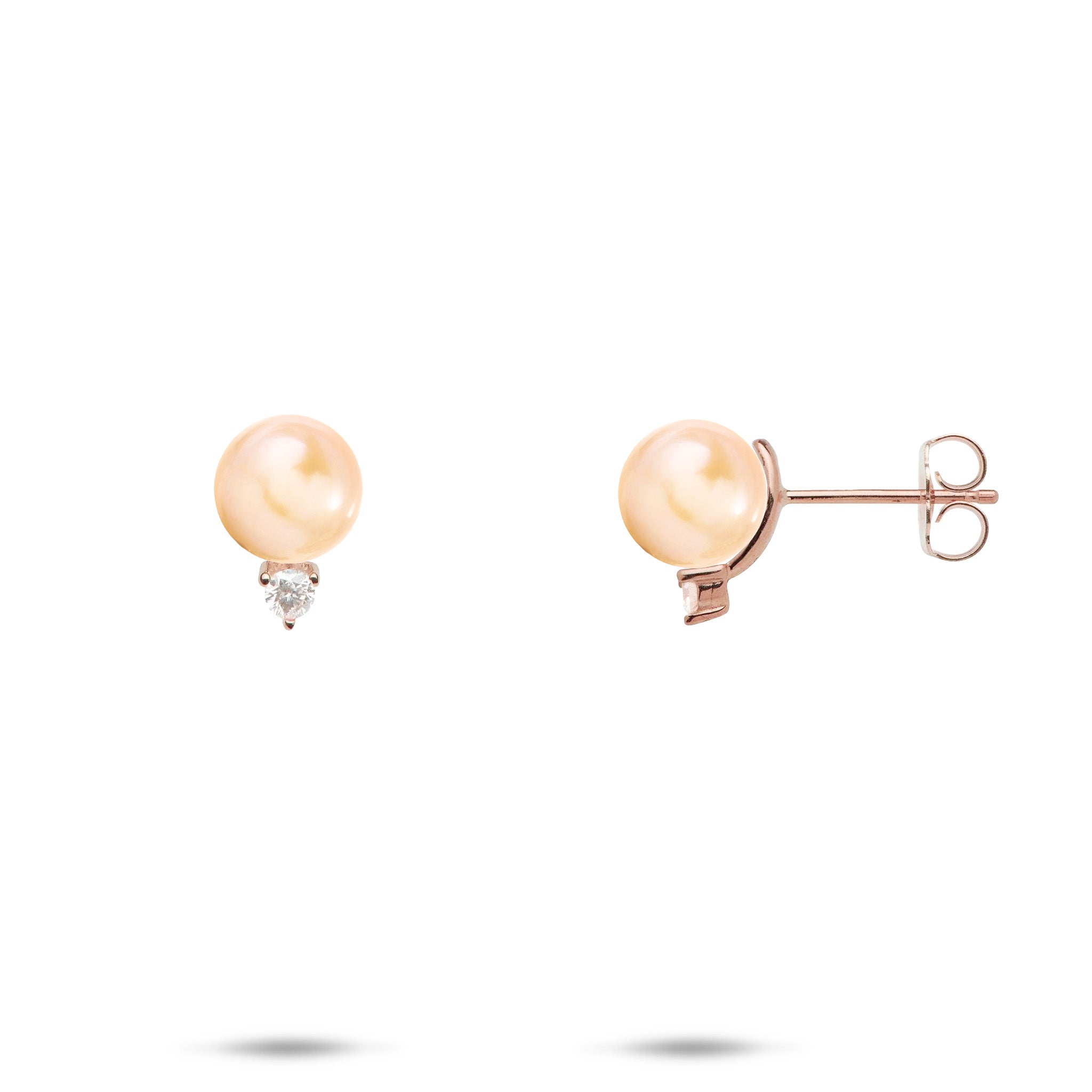Pick A Pearl Earrings in Rose Gold with Diamonds and Peach Pearls on a white background