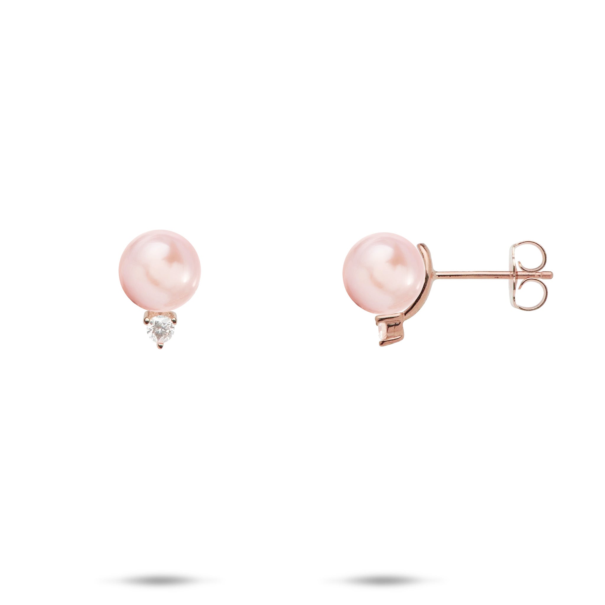 Pick A Pearl Earrings in Rose Gold with Diamonds and Pink Pearls on a white background