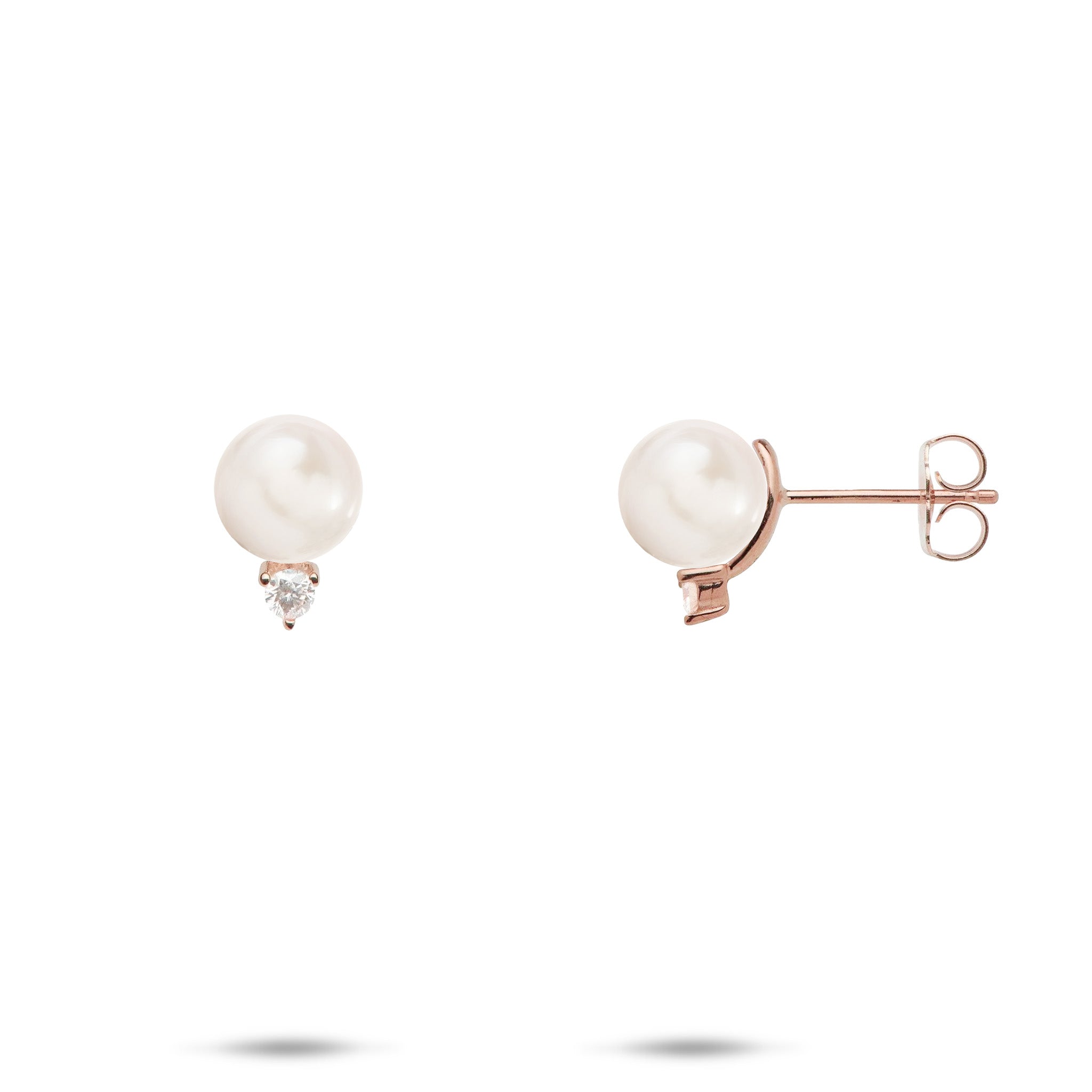 Pick A Pearl Earrings in Rose Gold with Diamonds and White Pearls on a white background