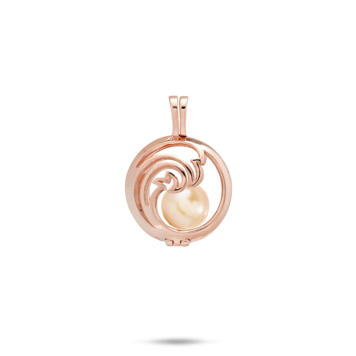 Pick A Pearl Nalu Cage Pendant in 14k Rose Gold with a Peach Freshwater Pearl on a white background