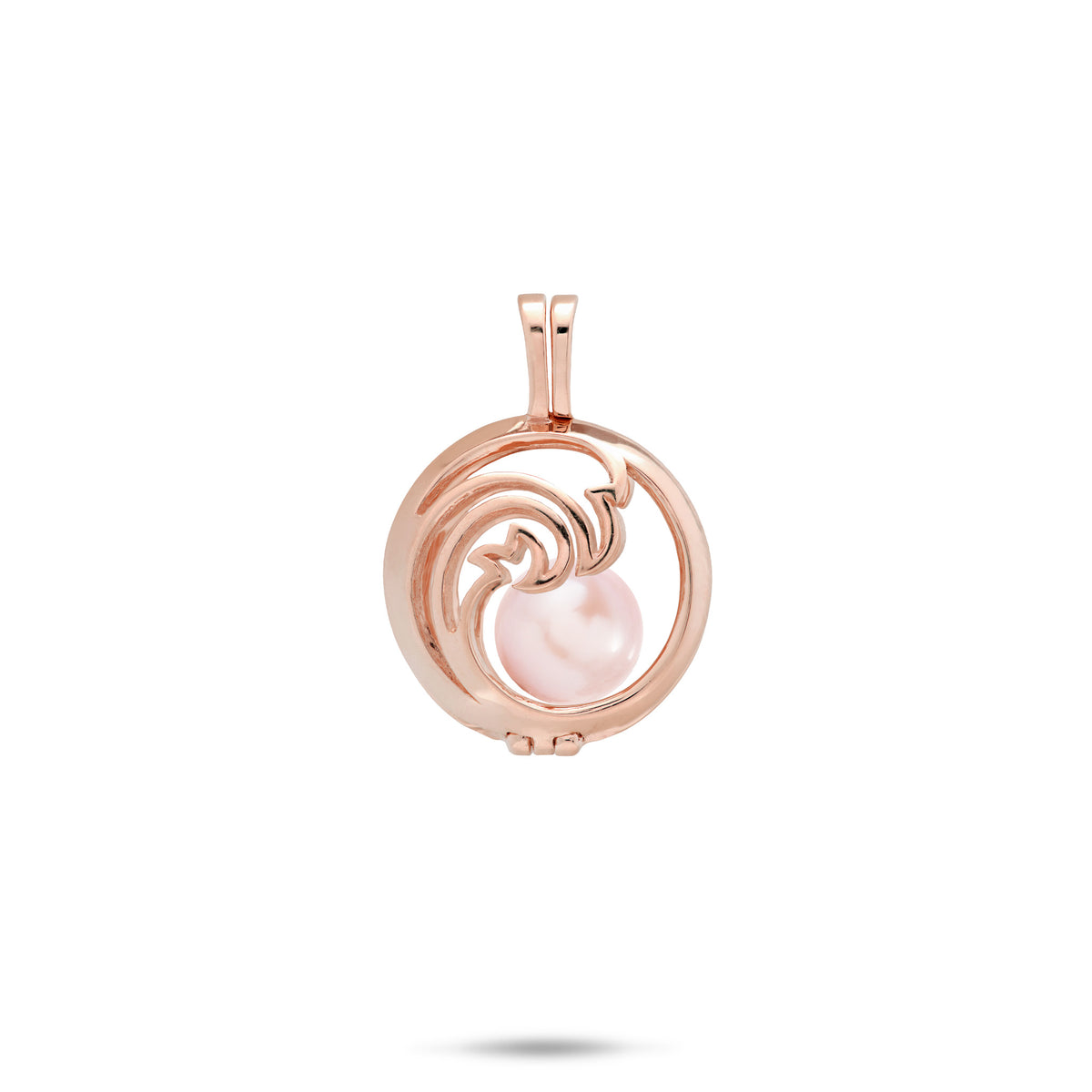 Pick A Pearl Nalu Cage Pendant in 14k Rose Gold with a Pink Freshwater Pearl on a white background