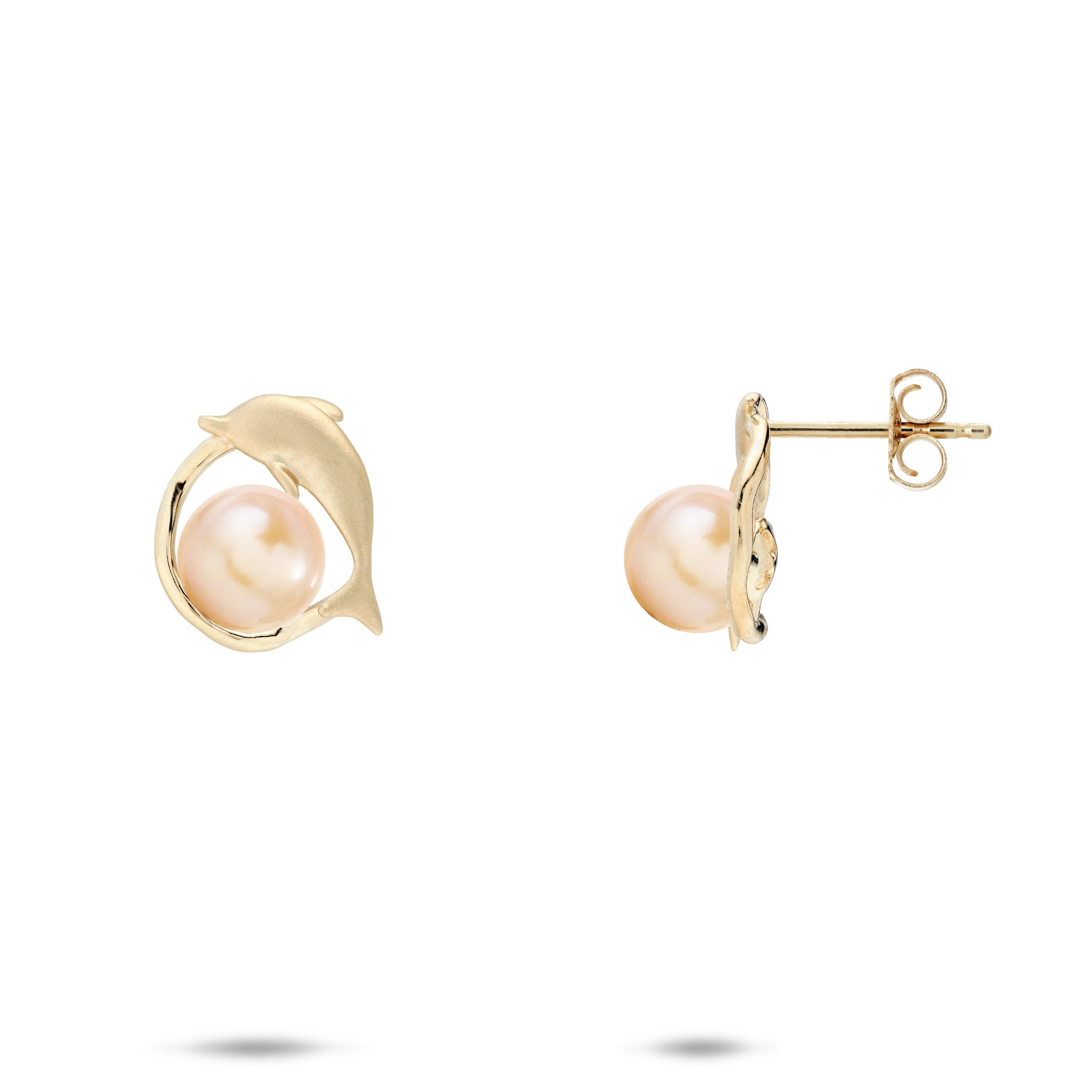 12mm Pick A Pearl Bubble Dolphin Earrings in 14k Yellow Gold with Peach Pearls on a white background