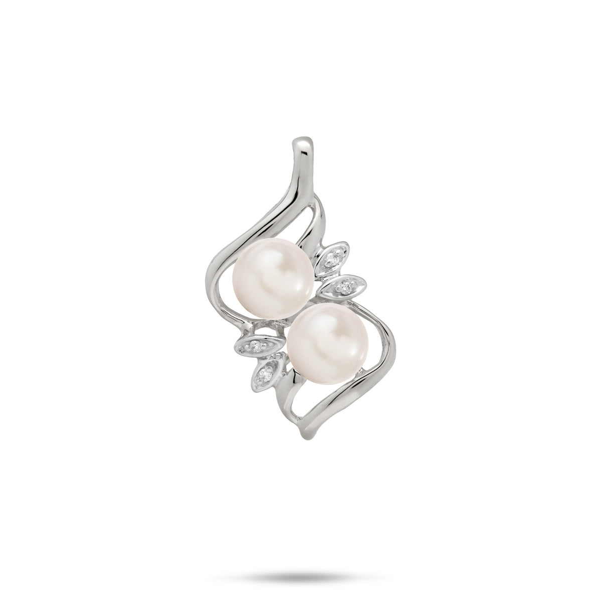 A 14k white gold pendant featuring two white freshwater pearls and diamonds in maile leaf style settings, set against a plain white background