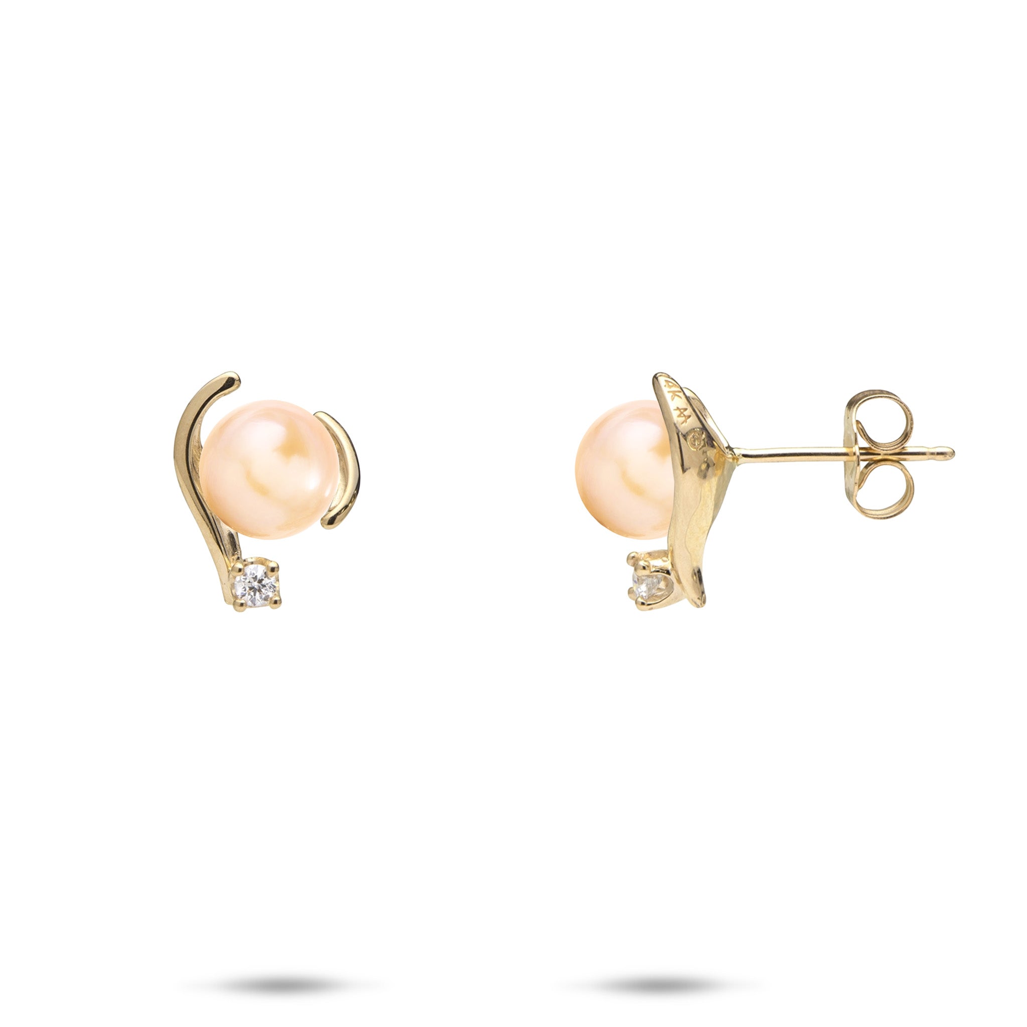 12mm Pick A Pearl Earrings in Gold with Diamonds and Peach Pearls on a white background