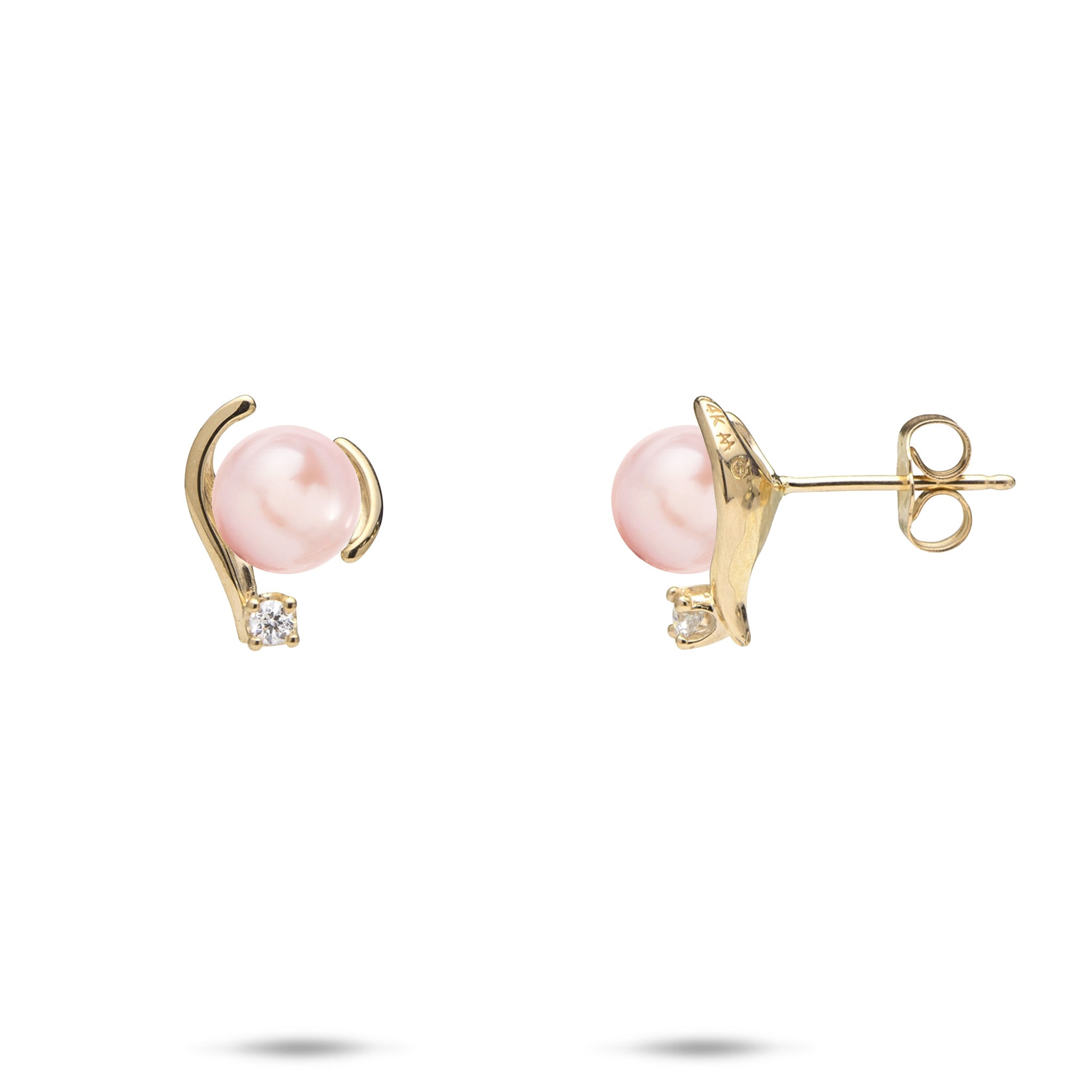 12mm Pick A Pearl Earrings in Gold with Diamonds and Pink Pearls on a white background