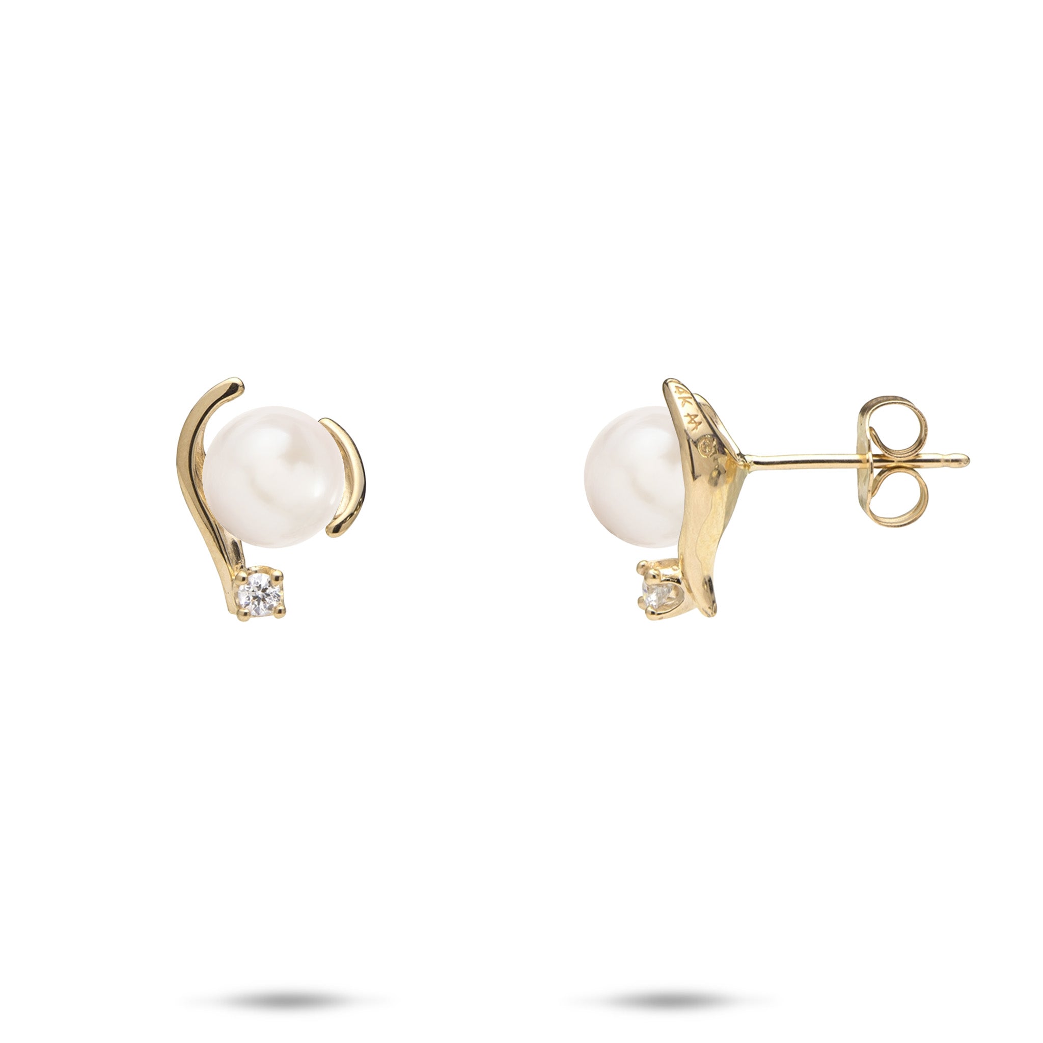12mm Pick A Pearl Earrings in Gold with Diamonds and White Pearls on a white background