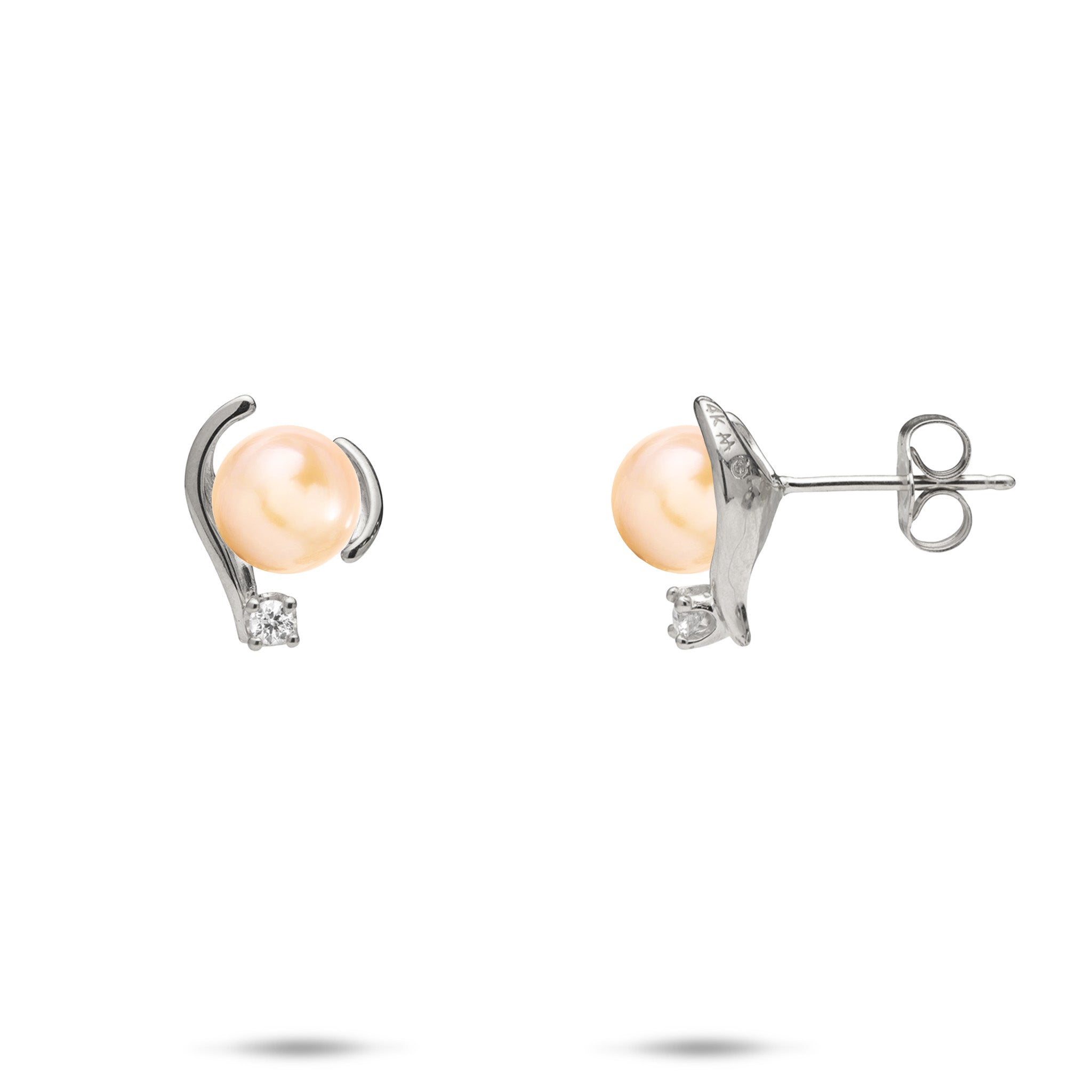 12mm Pick A Pearl Earrings in White Gold with Diamonds and Peach Pearls on a white background