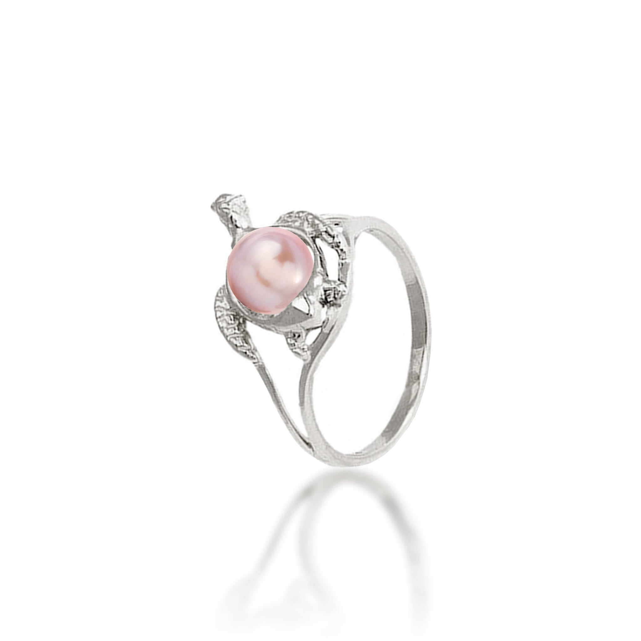 14mm Pick A Pearl Honu (Turtle) Ring in White Gold with a Lavender Pearl on a white background