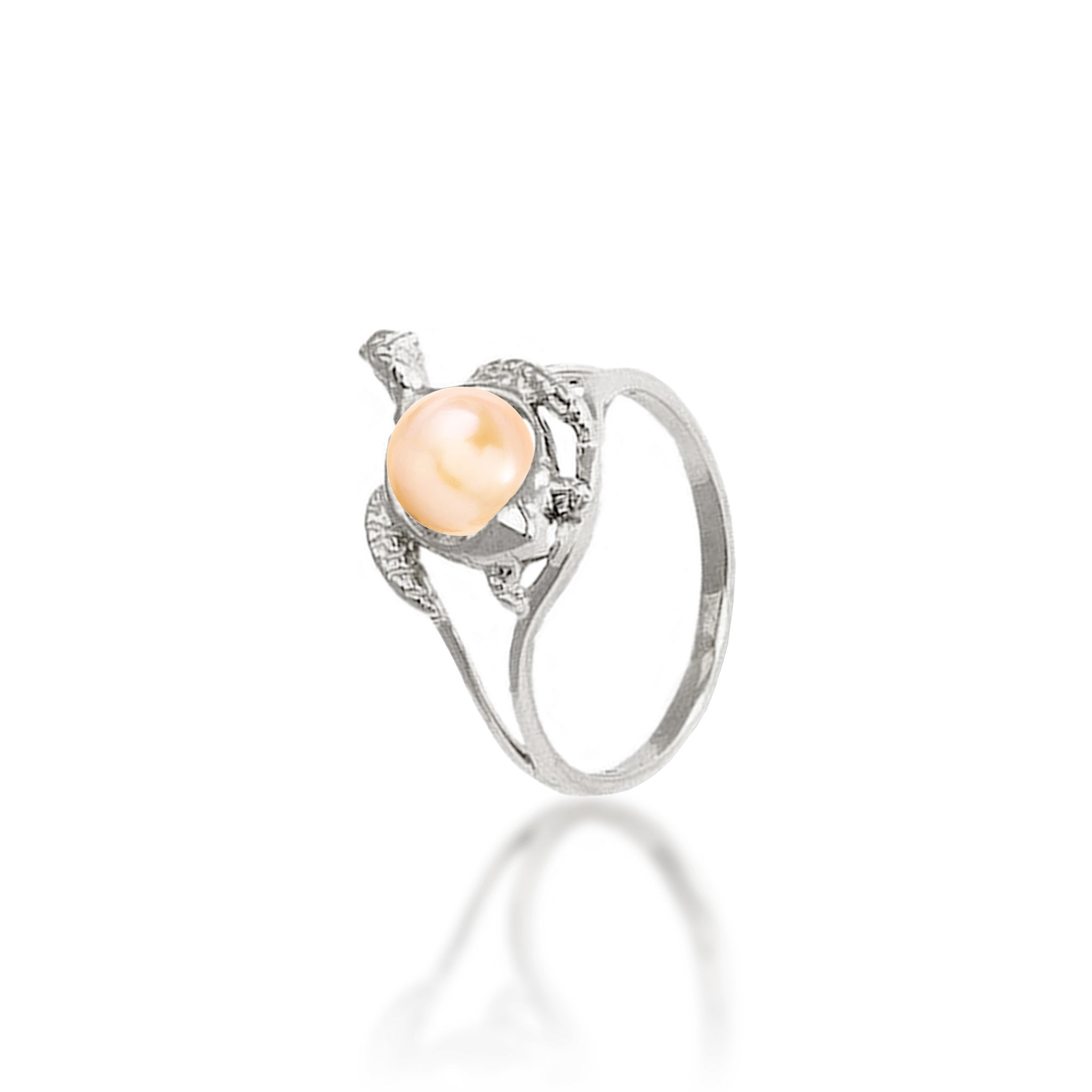 14mm Pick A Pearl Honu (Turtle) Ring in White Gold with a Peach Pearl on a white background