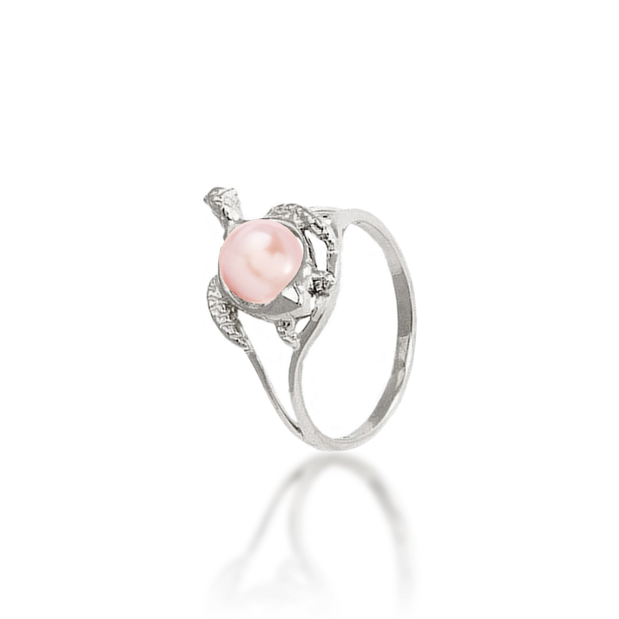 14mm Pick A Pearl Honu (Turtle) Ring in White Gold with a Pink Pearl on a white background
