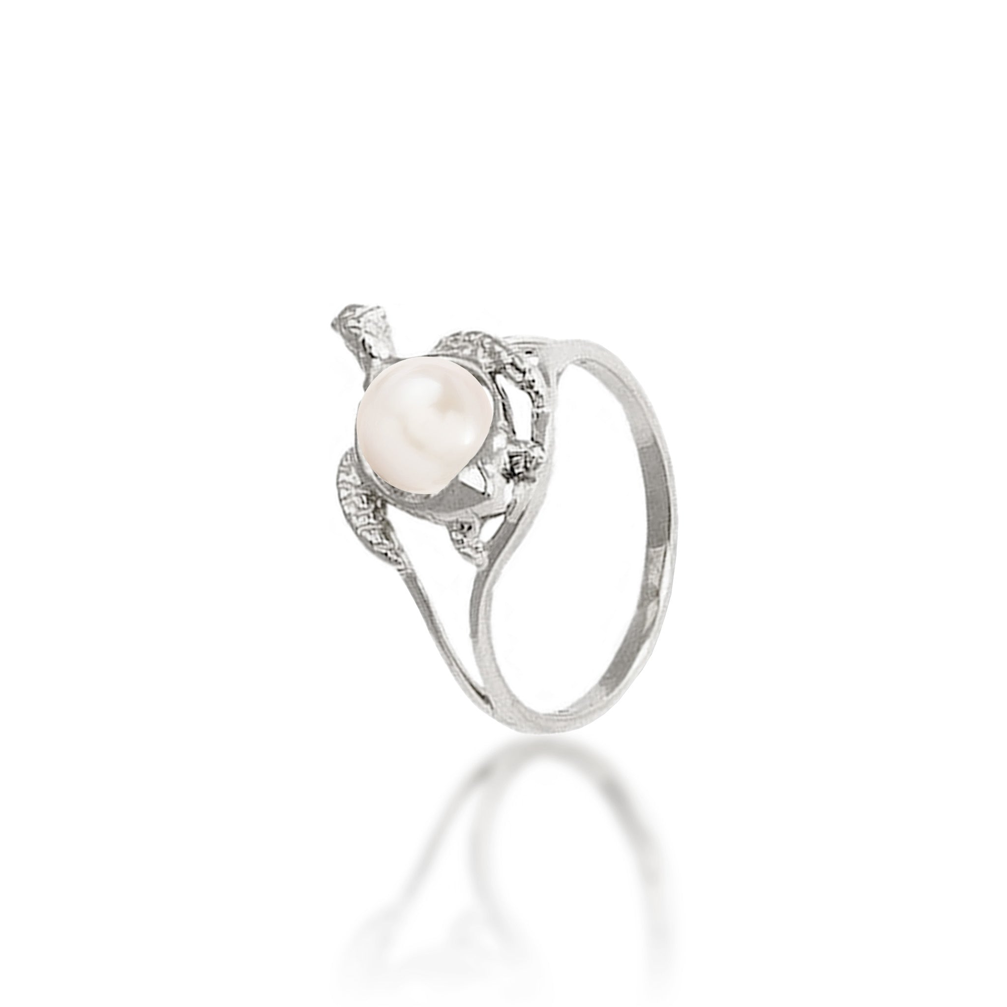 14mm Pick A Pearl Honu (Turtle) Ring in White Gold with a White Pearl on a white background