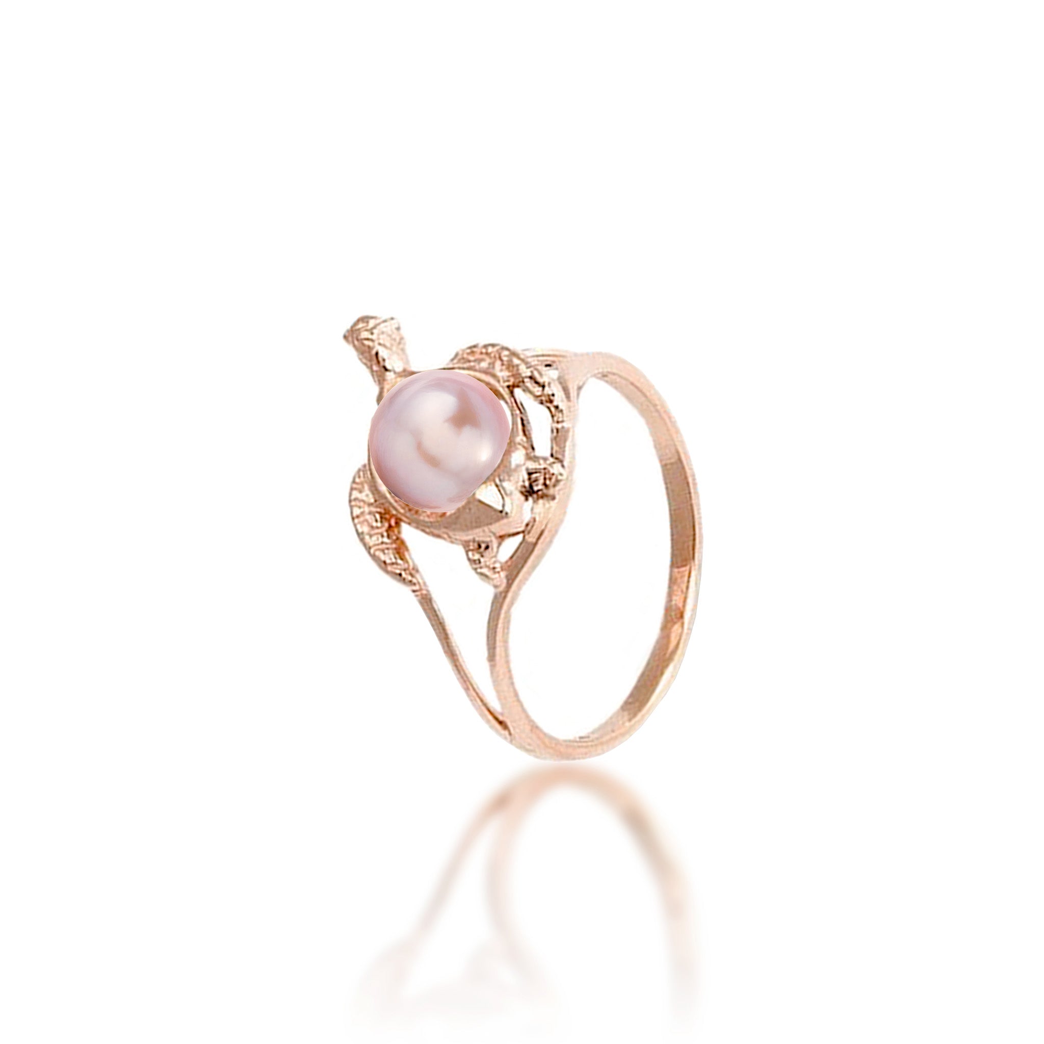 14mm Pick A Pearl Honu (Turtle) Ring in Rose Gold with a Lavender Pearl on a white background