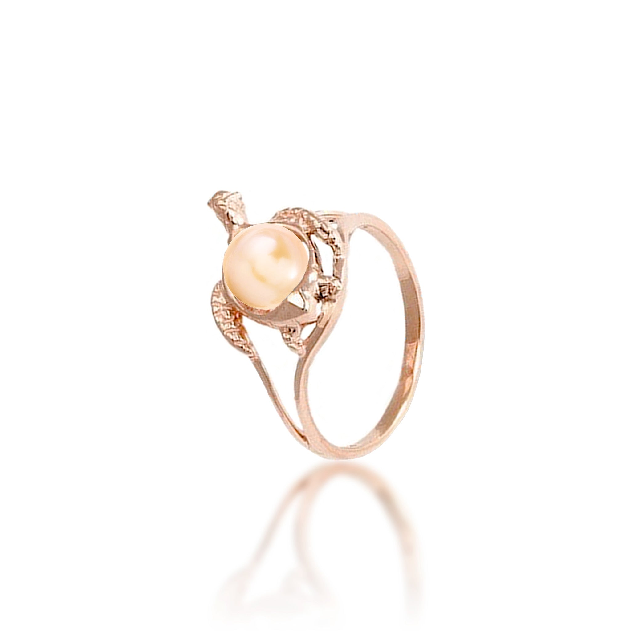 14mm Pick A Pearl Honu (Turtle) Ring in Rose Gold with a Peach Pearl on a white background