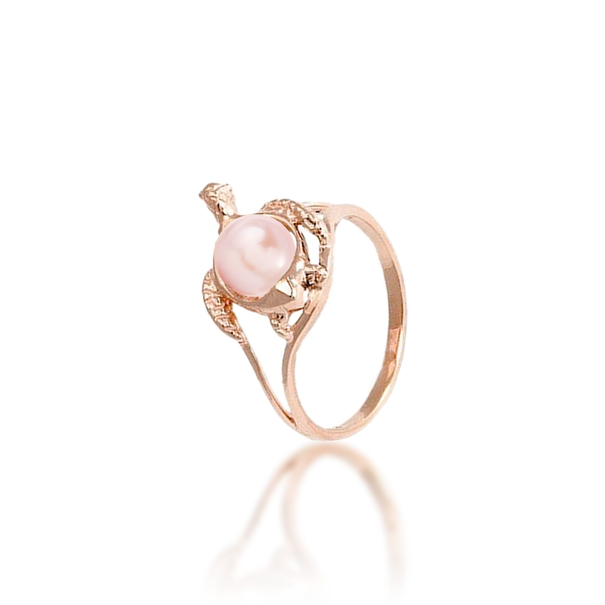 14mm Pick A Pearl Honu (Turtle) Ring in Rose Gold with a Pink Pearl on a white background