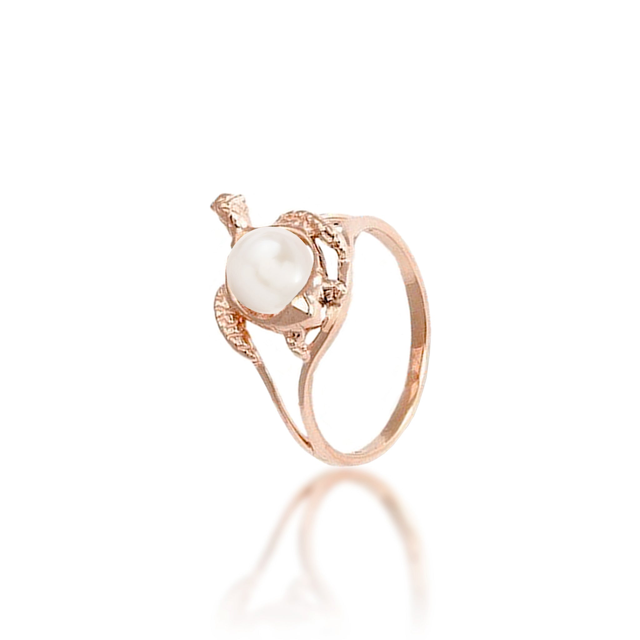 14mm Pick A Pearl Honu (Turtle) Ring in Rose Gold with a White Pearl on a white background