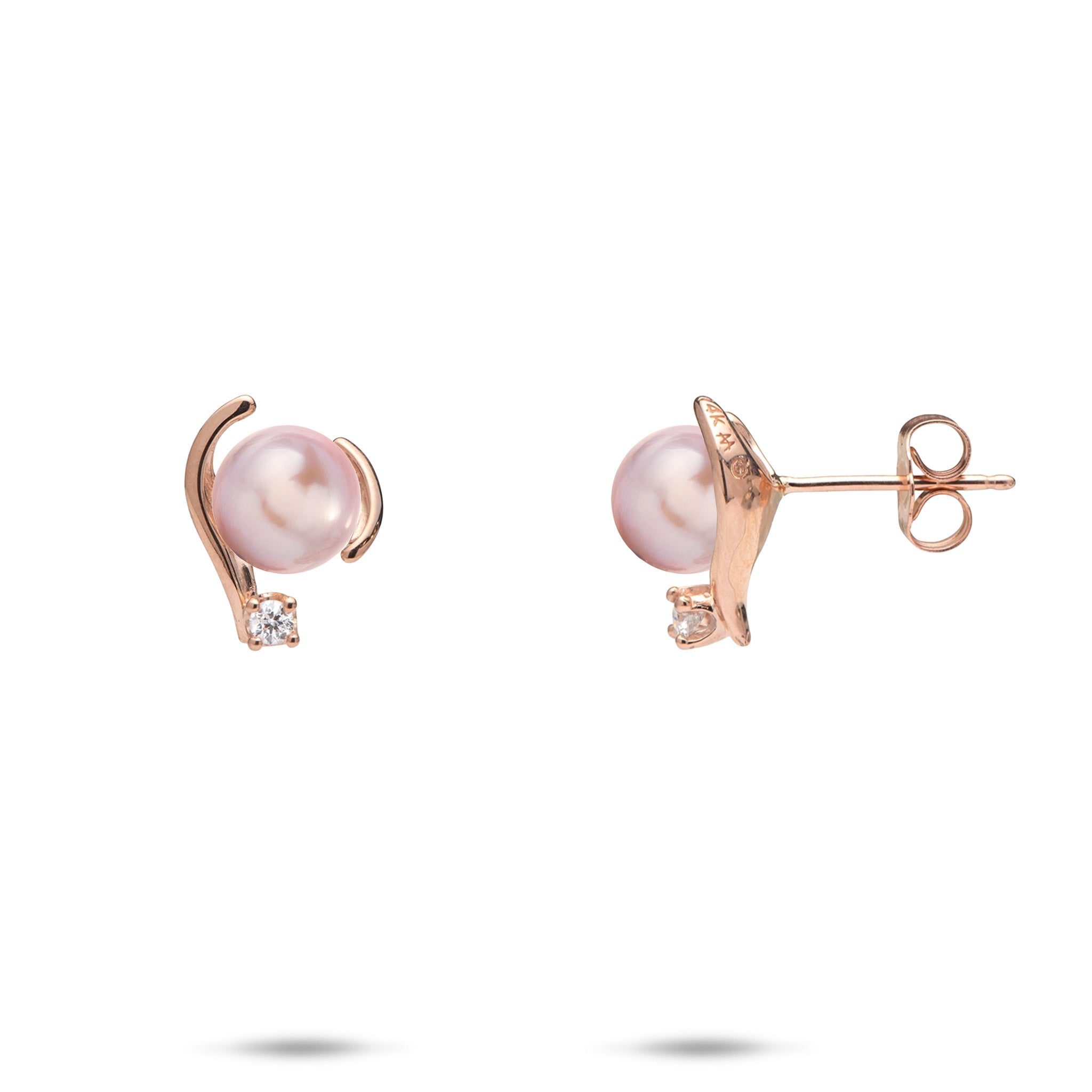12mm Pick A Pearl Earrings in Rose Gold with Diamonds and Lavender Pearls on a white background