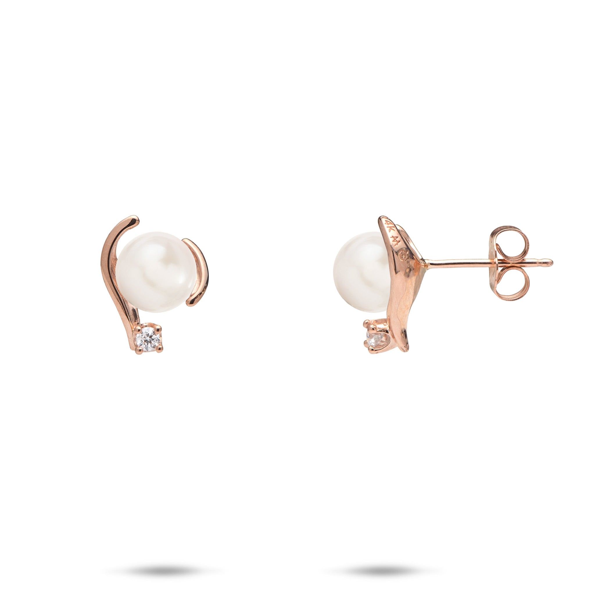 12mm Pick A Pearl Earrings in Rose Gold with Diamonds and White Pearls on a white background