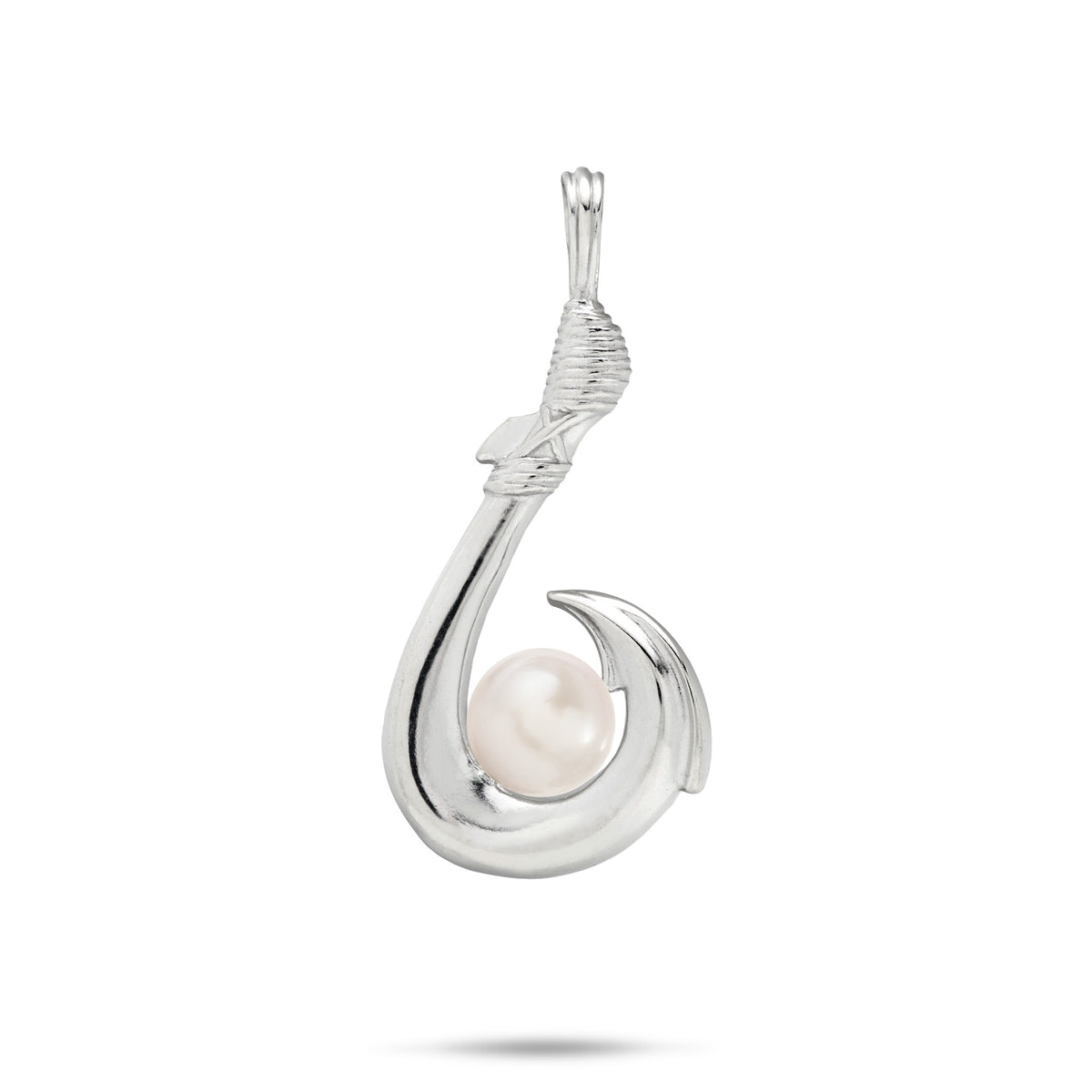 A silver fishhook pendant featuring a single white freshwater pearl nestled in the bottom curve of the hook, set against a plain white background