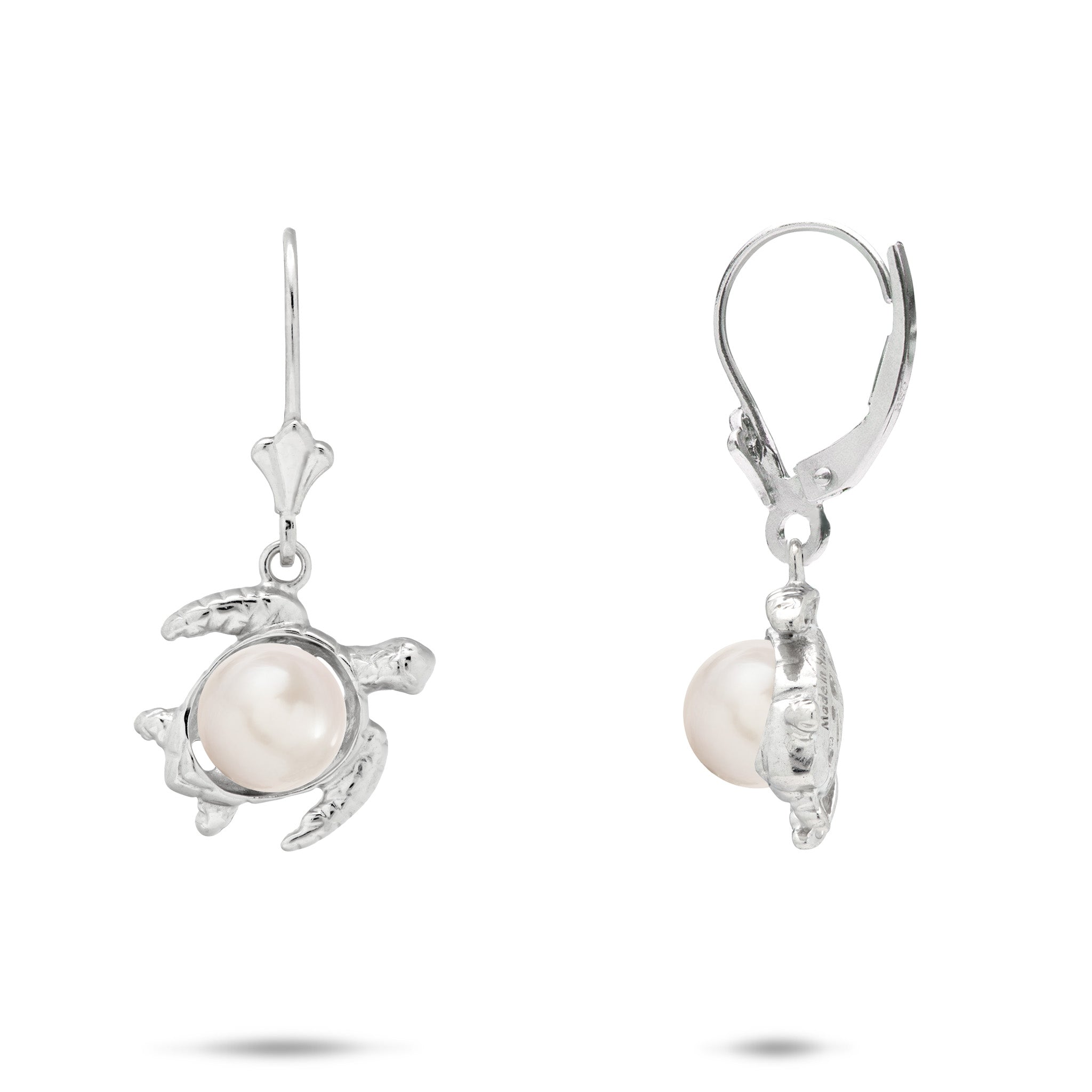 13mm Pick A Pearl Honu (Turtle) Earrings in Sterling Silver with White Pearls on a white background