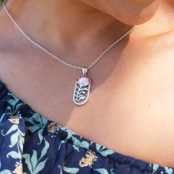 Ohia Lehua Ruby Pendant in Two Tone Gold with Diamonds - 27.5mm