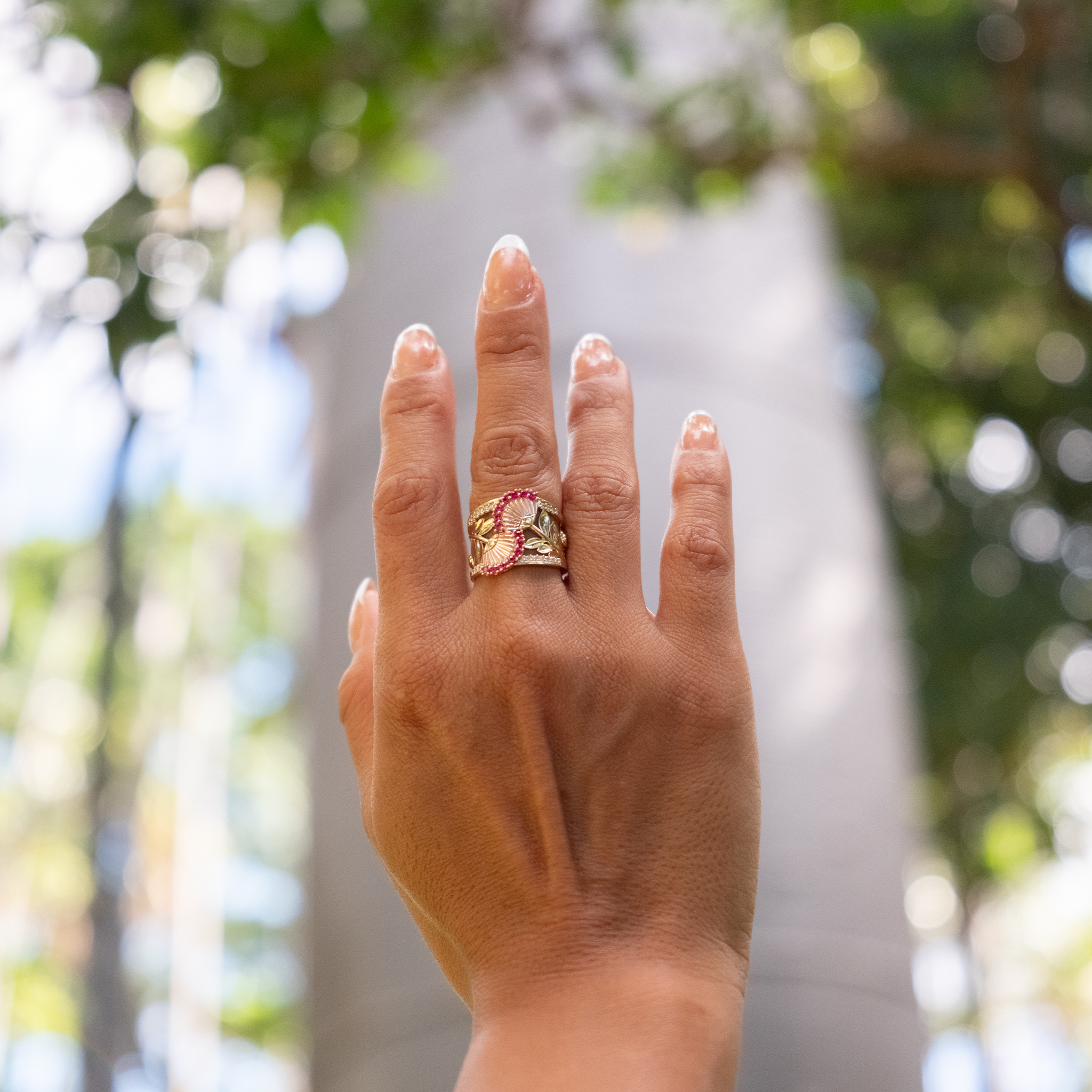 ʻŌhiʻa Lehua Ruby Ring in Two Tone Gold with Diamonds