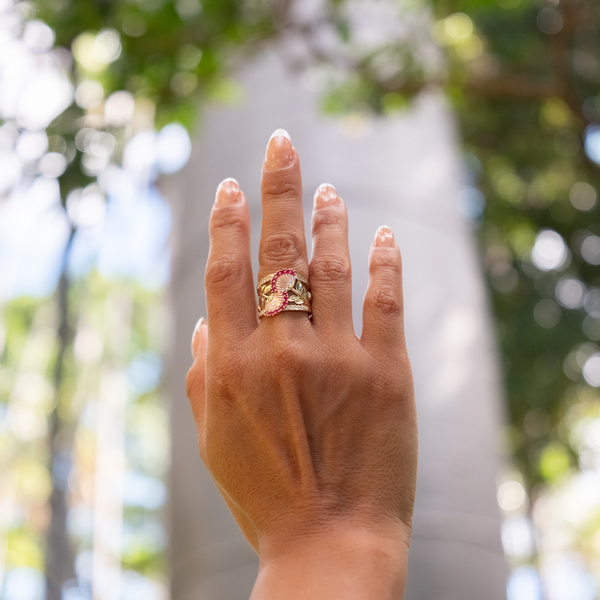 Ohia Lehua Ruby Ring in Two Tone Gold with Diamonds