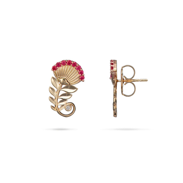 Ohia Lehua Ruby Earrings in Gold with Diamonds - 19mm