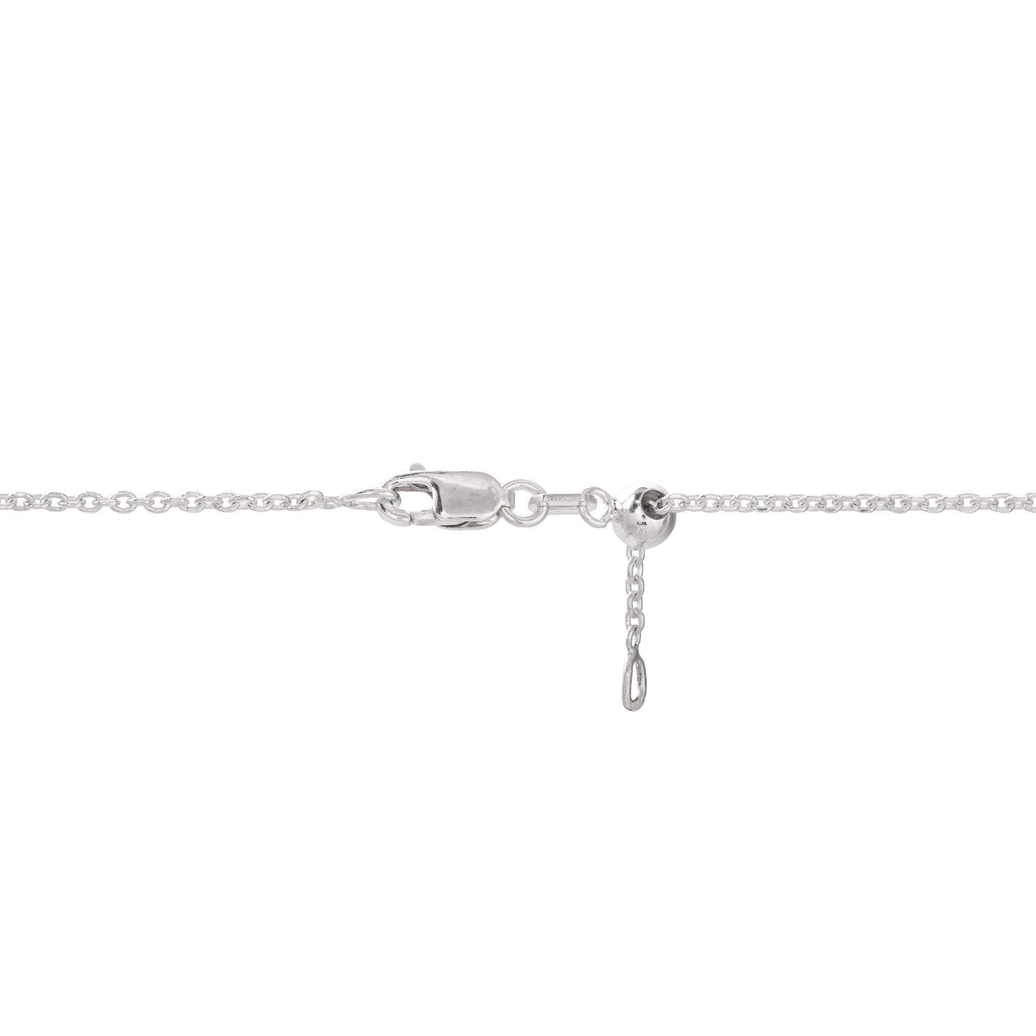 Close-up of an adjustable silver cable chain with lobster claw clasp on a white background