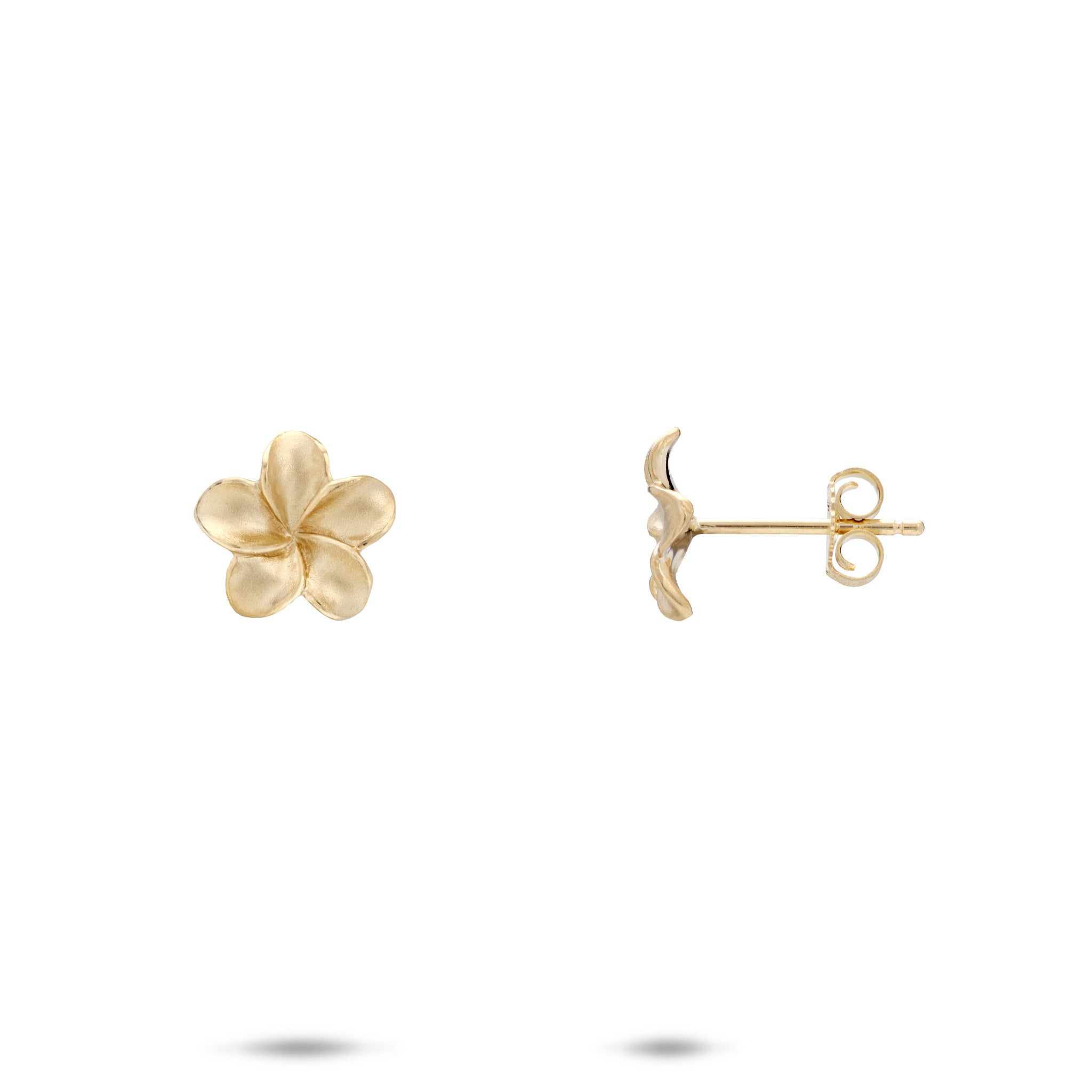 9mm Plumeria Earrings in Gold on a white background
