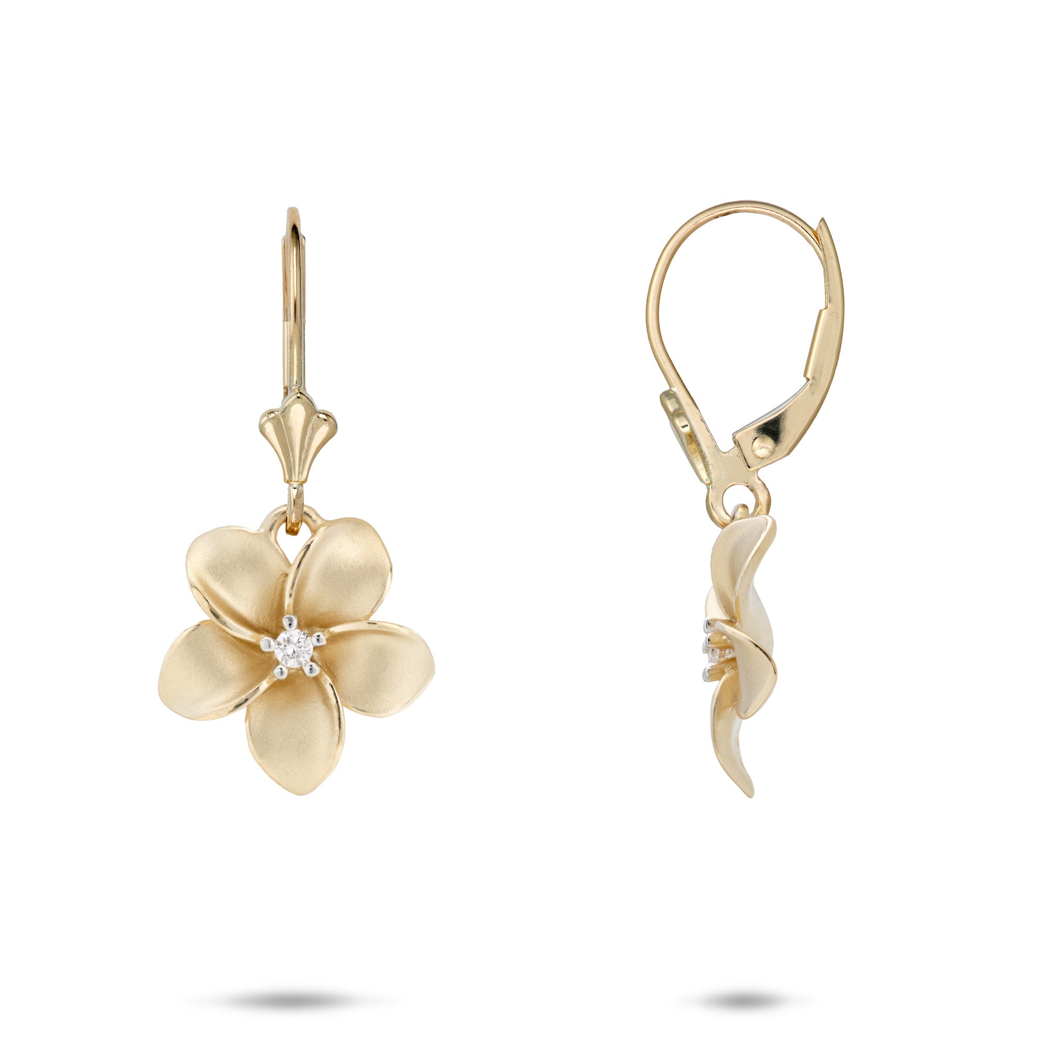 13mm Plumeria Leverback Earrings in Gold with Diamonds on a white background