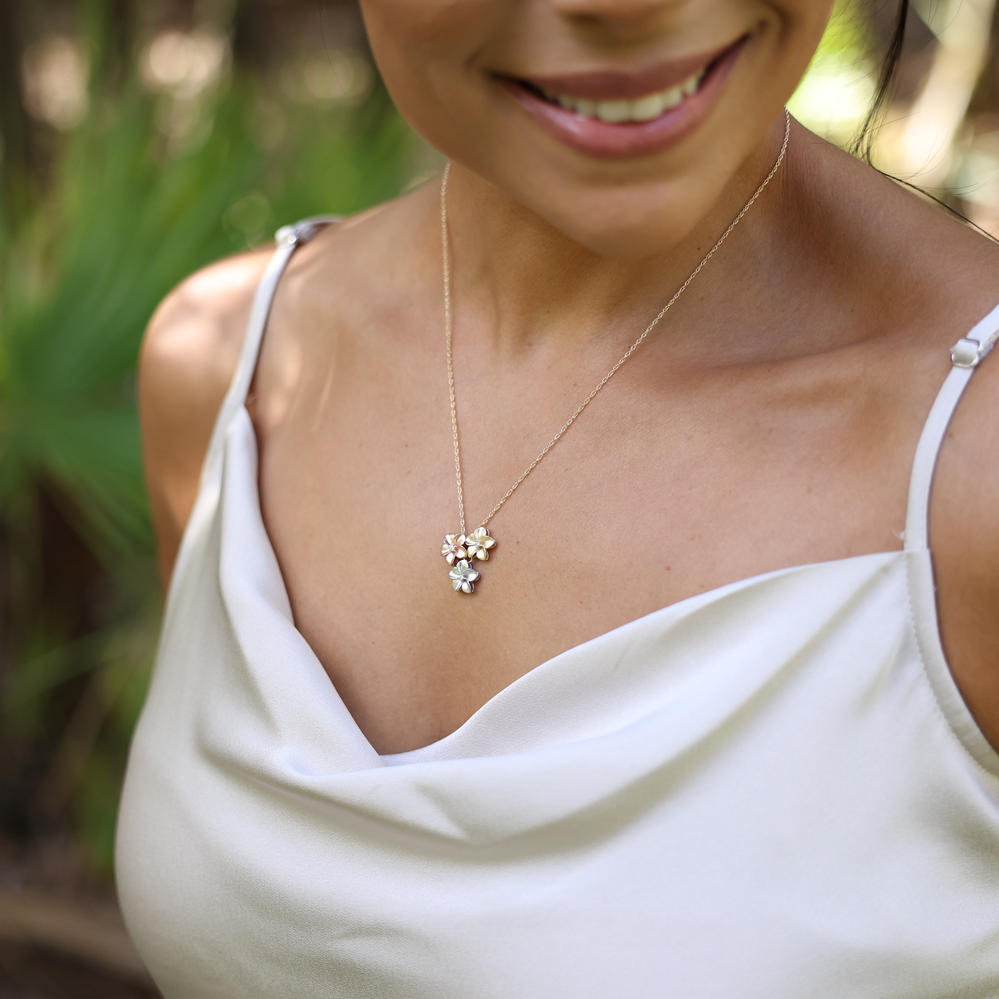 16" Plumeria Necklace in Tri Color Gold with Diamonds - 11mm
