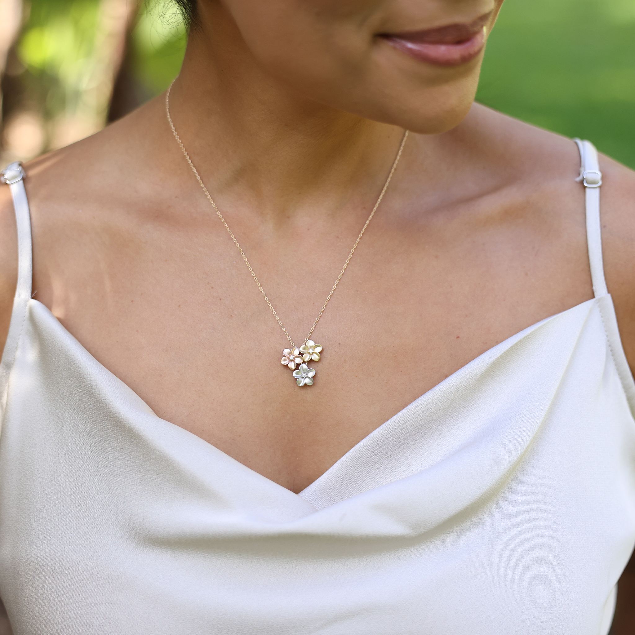 16" Plumeria Necklace in Tri Color Gold with Diamonds - 11mm