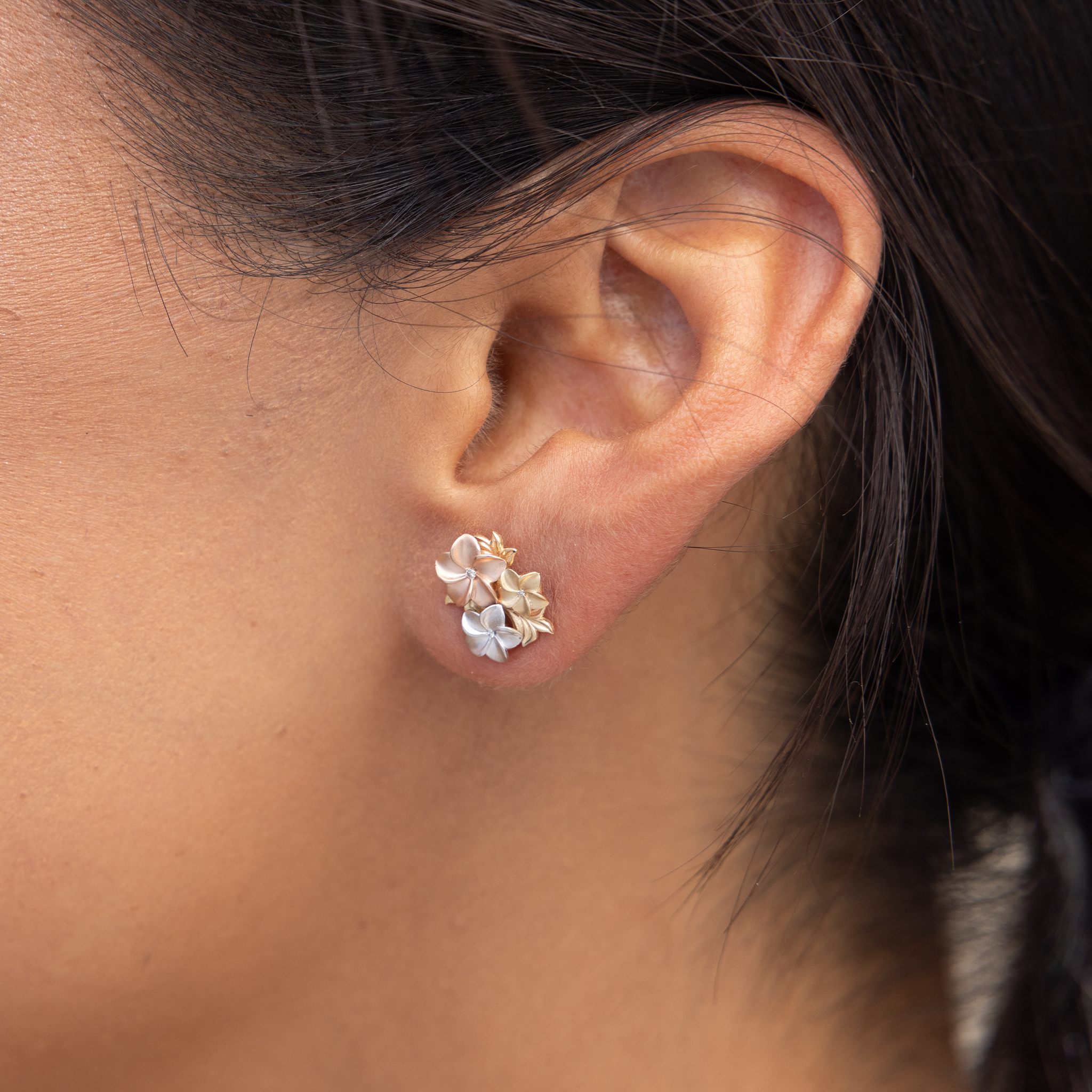 Plumeria Earrings in Tri Color Gold with Diamonds