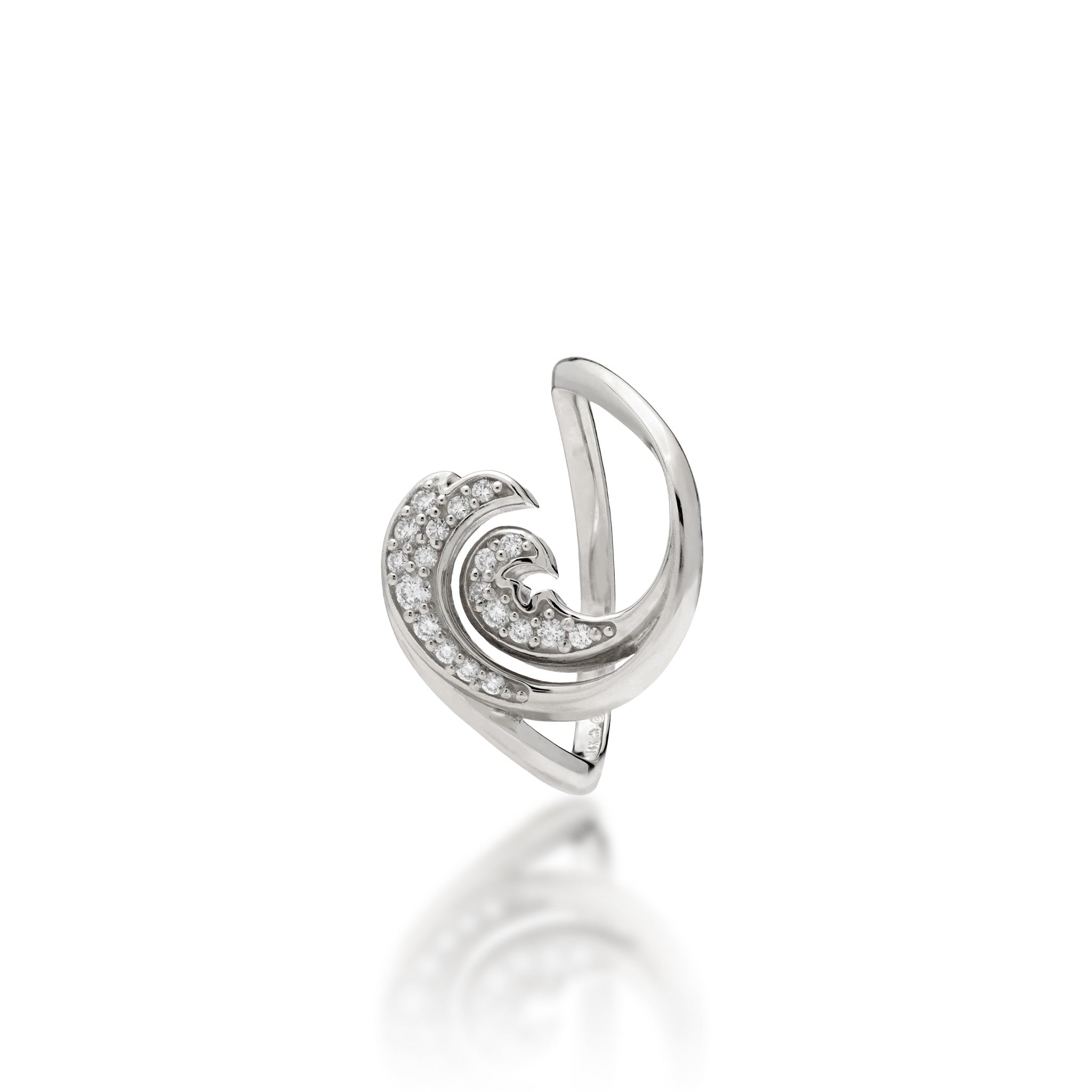 Front View of a 15mm Nalu Ring in 14k White Gold with Diamonds, Double wave design, on a white background