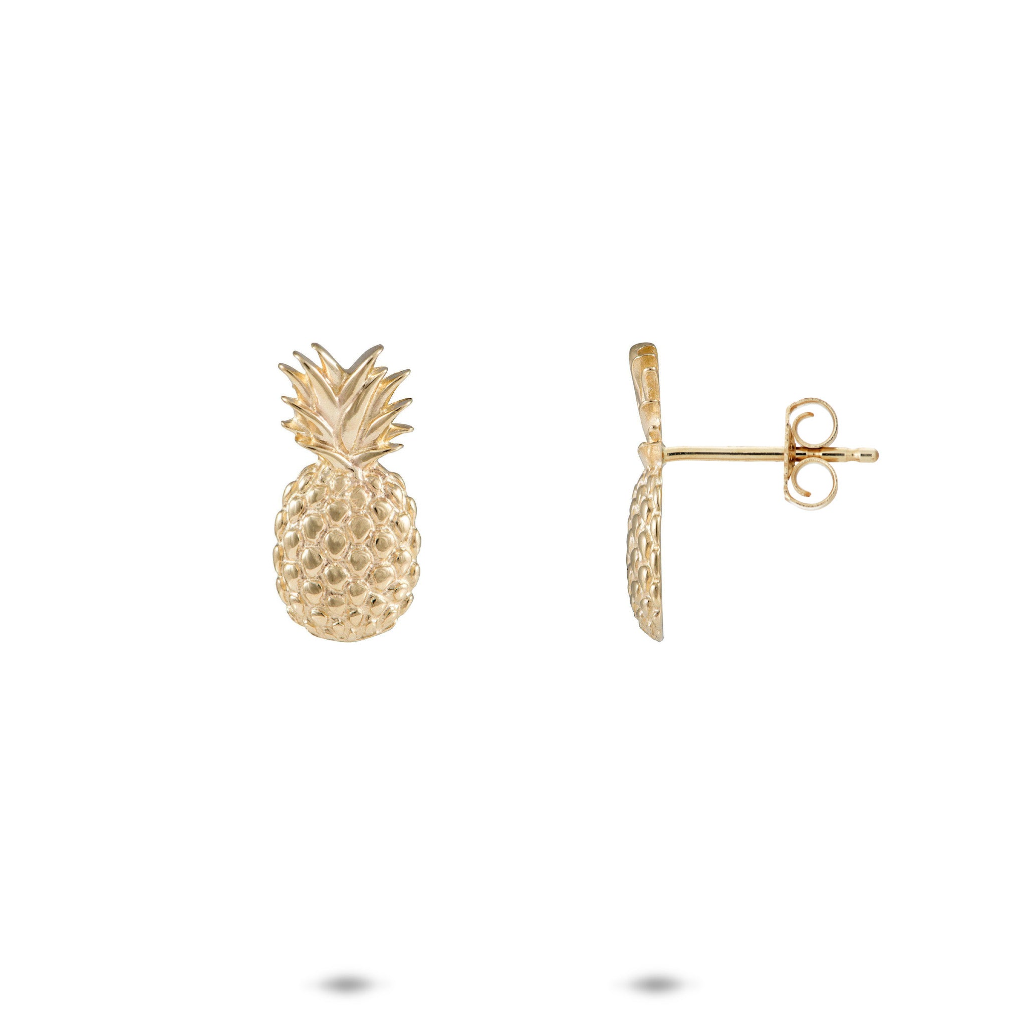 15mm Pineapple Stud Earrings in 14k Yellow Gold on a white background