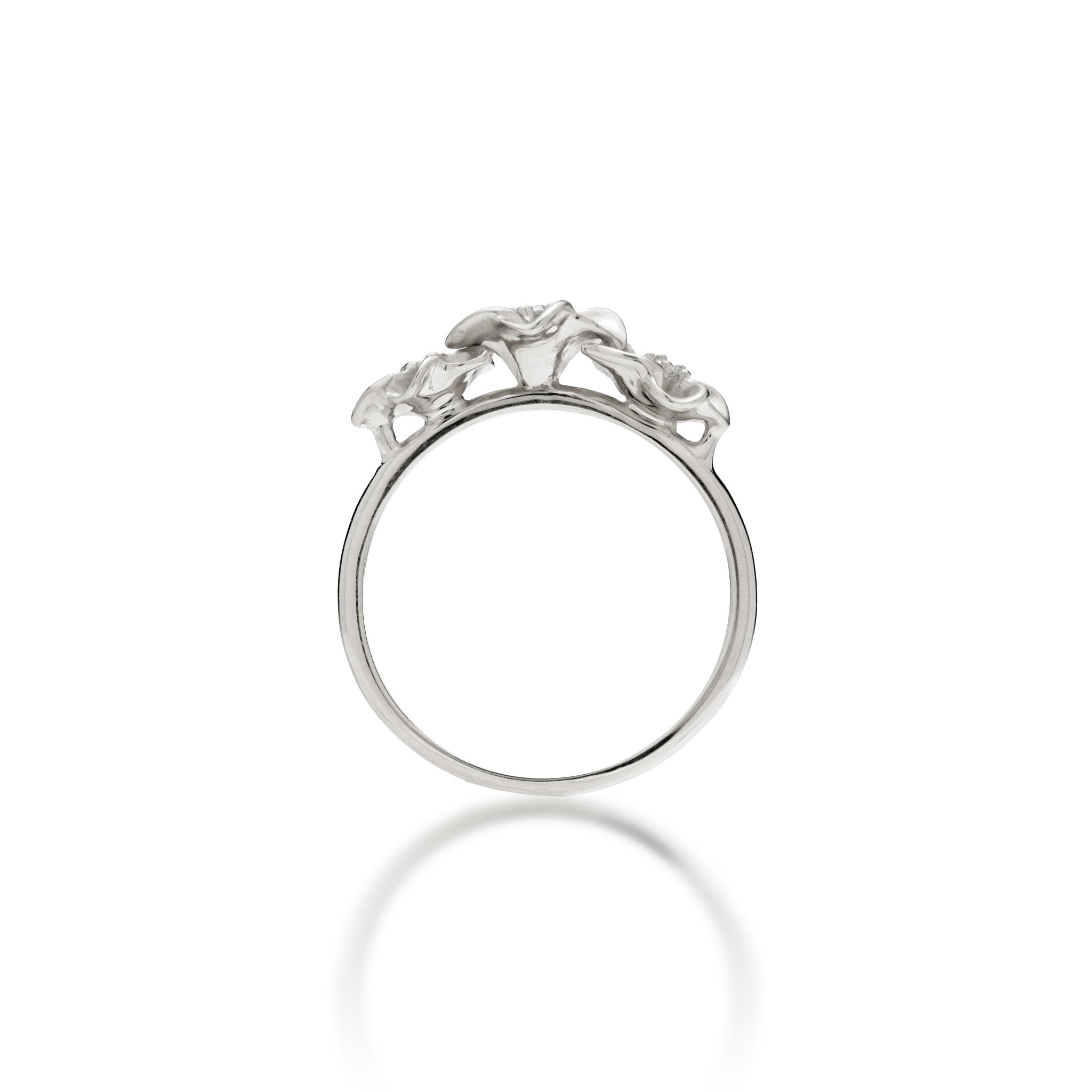 Side view of the 8mm Plumeria Ring in White Gold with Diamonds on a white background