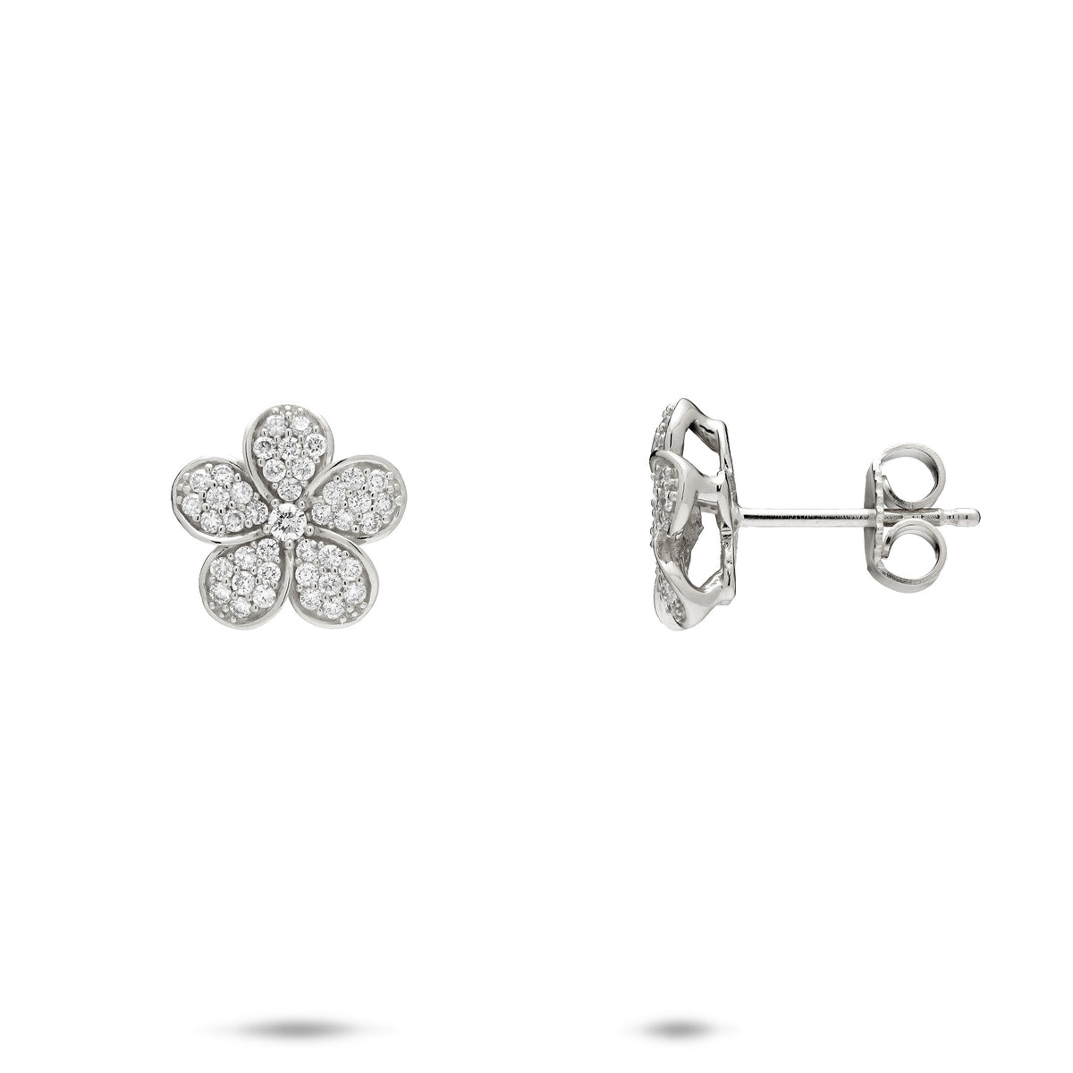 A pair of 13mm 14k white gold páve diamond plumeria flower stud earrings, shown with a front and side view with a butterfly backing, against a white background