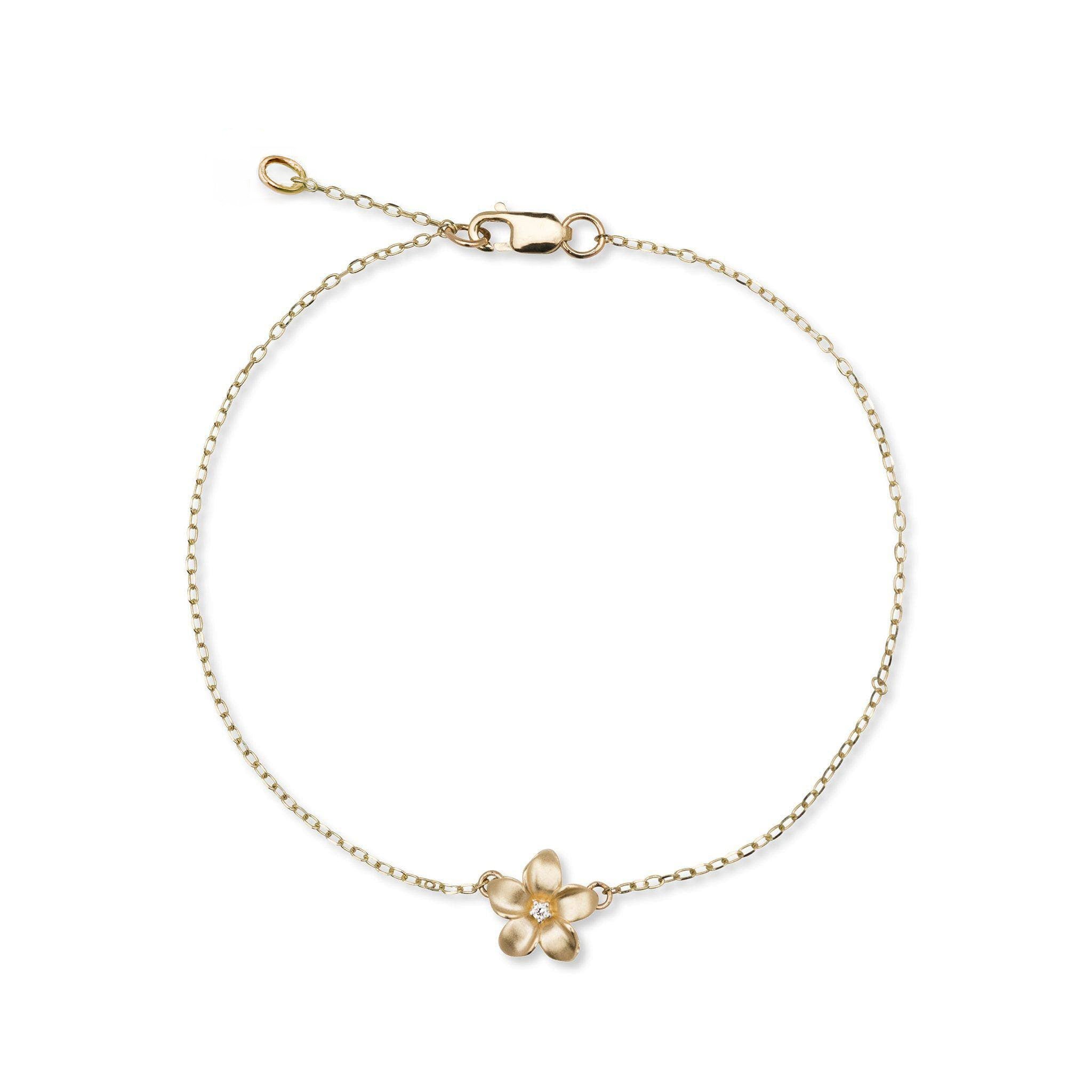 Adjustable 7-7.5" Plumeria Bracelet in Gold with Diamond - 9mm