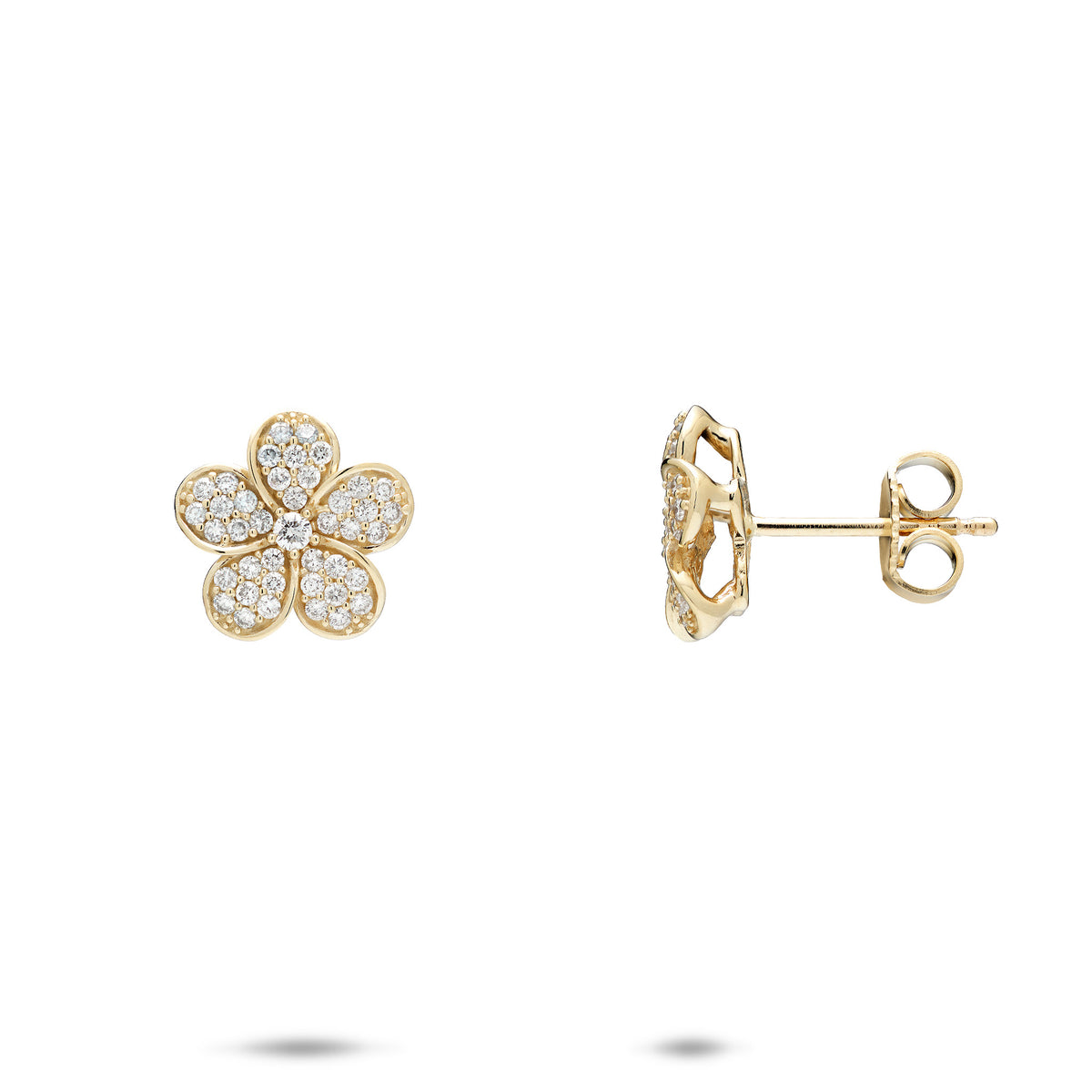 A pair of 11mm 14k yellow gold páve diamond plumeria flower stud earrings with a front and side view with the butterfly backing, shown on a white background
