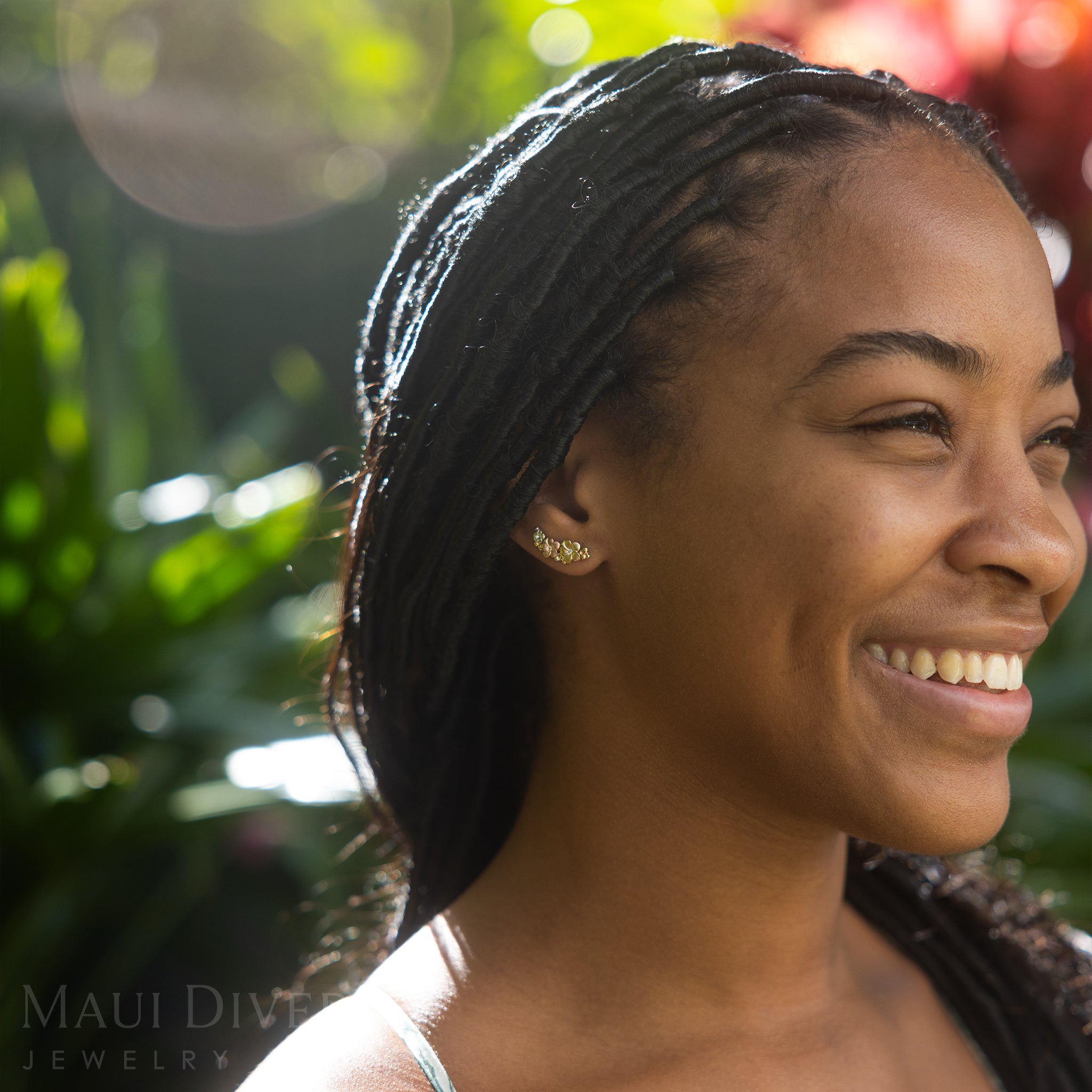 Plumeria Climber Climber Earrings in Tri Color Gold with Diamonds