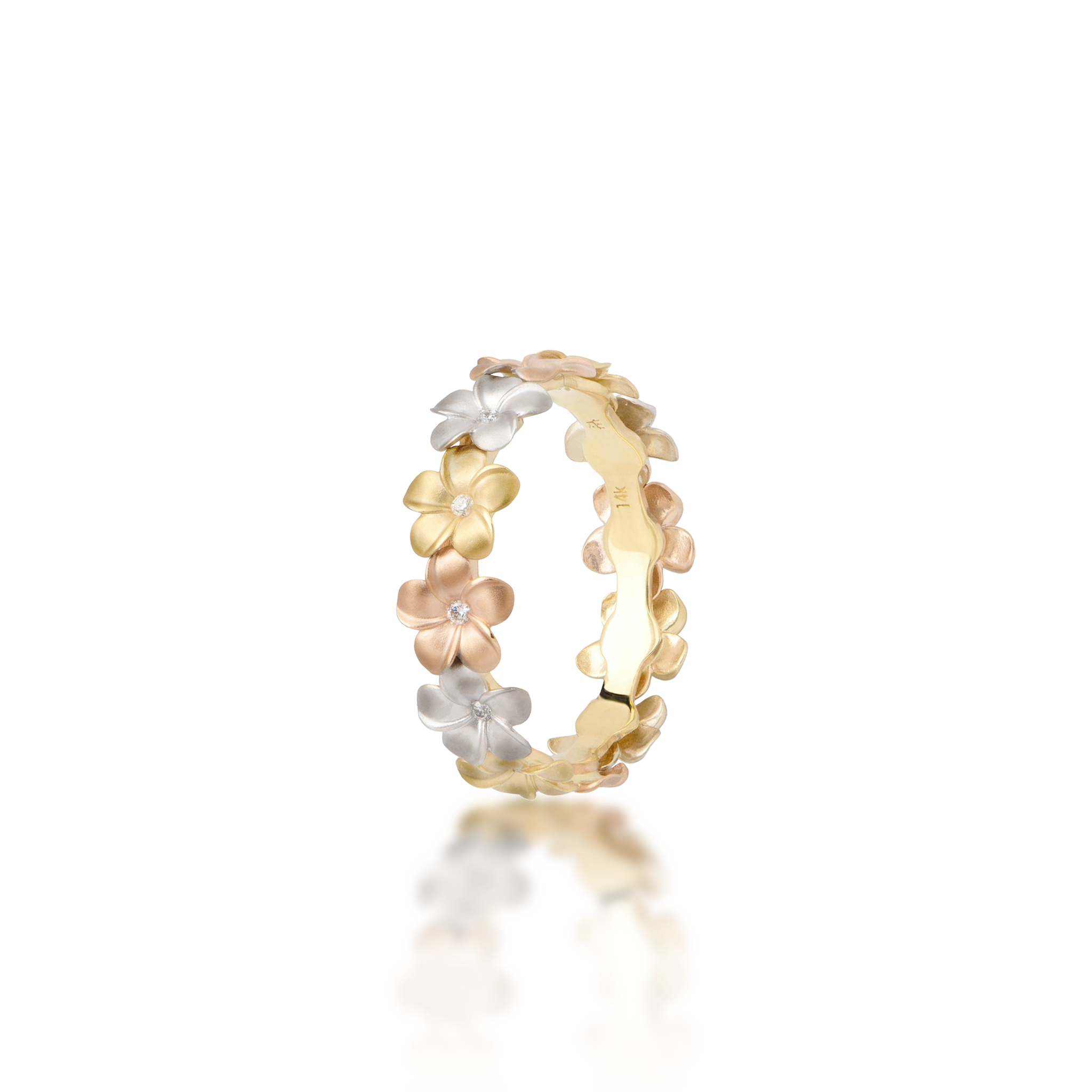 Plumeria Ring in Tri Color Gold with Diamonds - 5mm