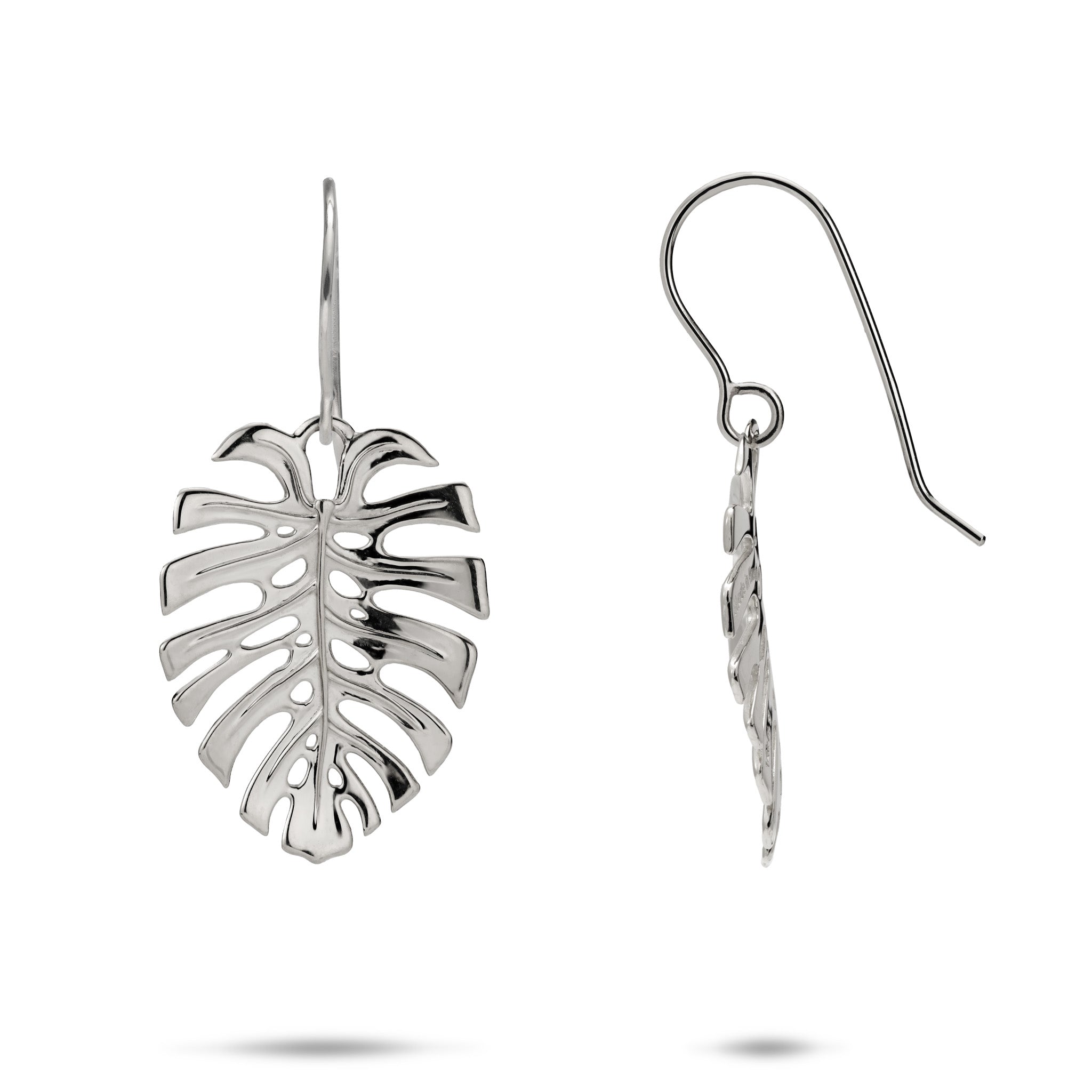 23mm Monstera Hook Earrings in White Gold on a white background