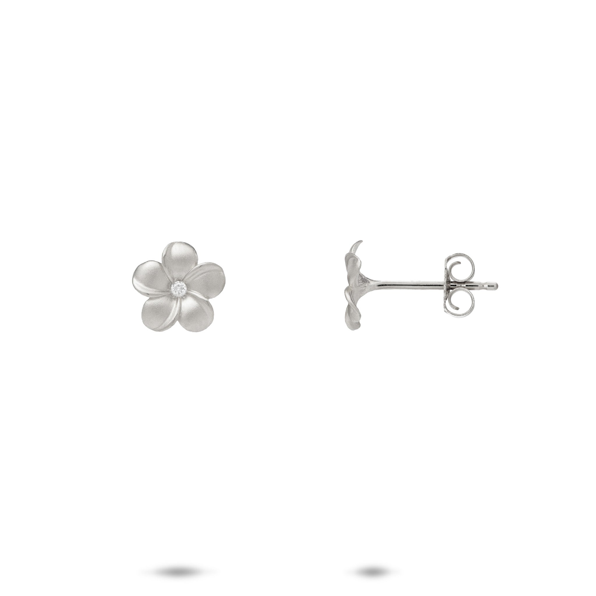 8mm Plumeria Earrings in 14k White Gold with Diamonds on a white background