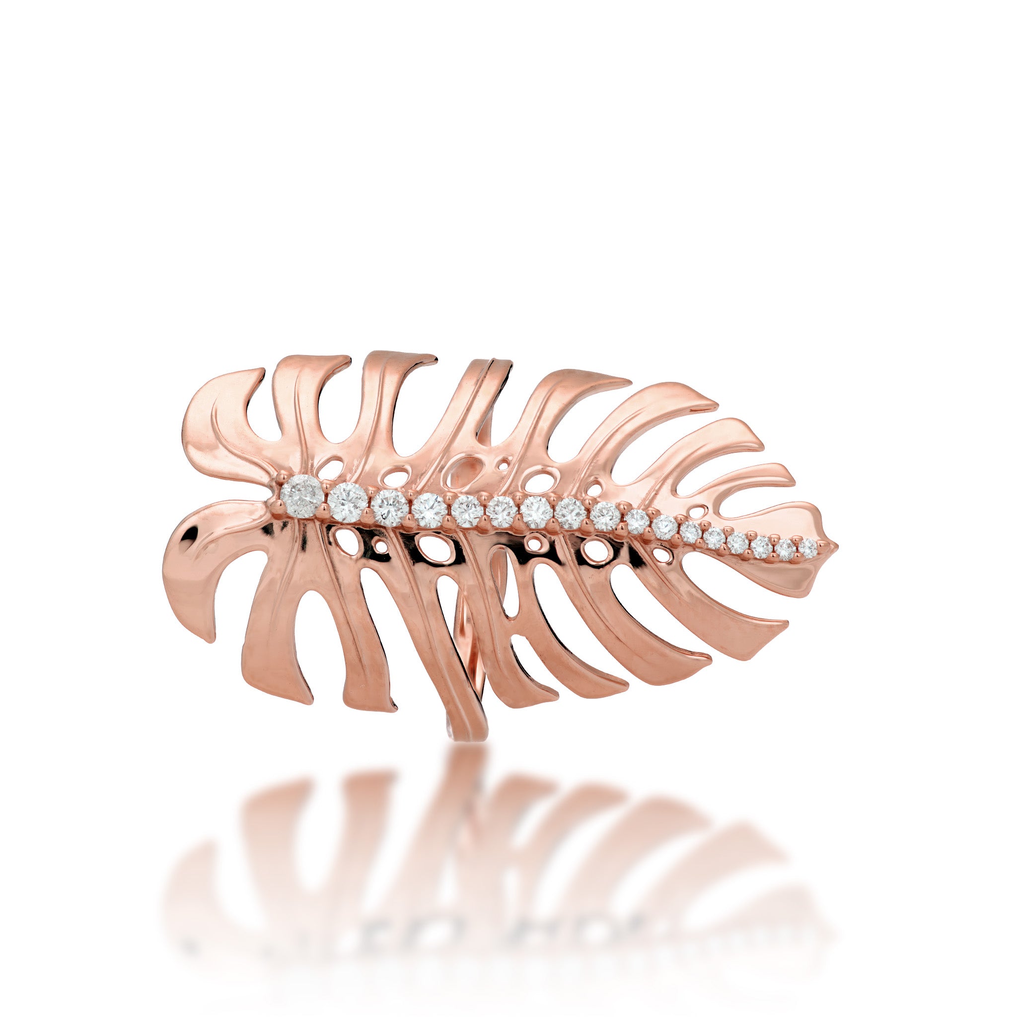 top view of the 32 Monstera Ring in Rose Gold with Diamonds on a white background