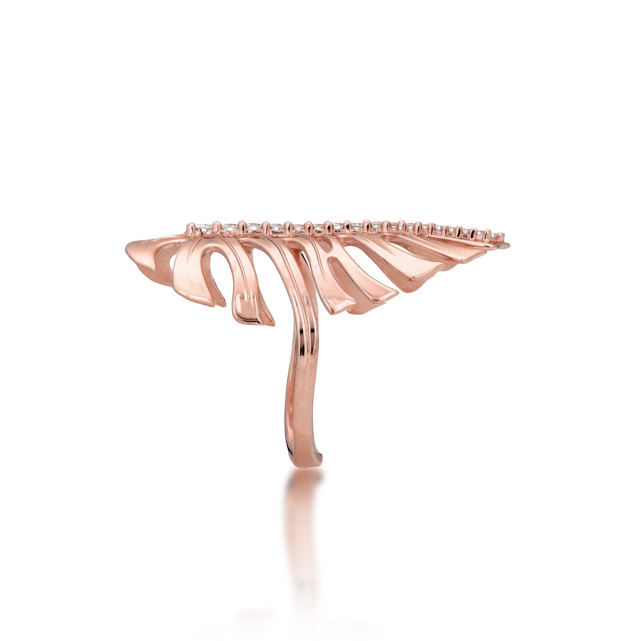 Side view of the 32 Monstera Ring in Rose Gold with Diamonds on a white background